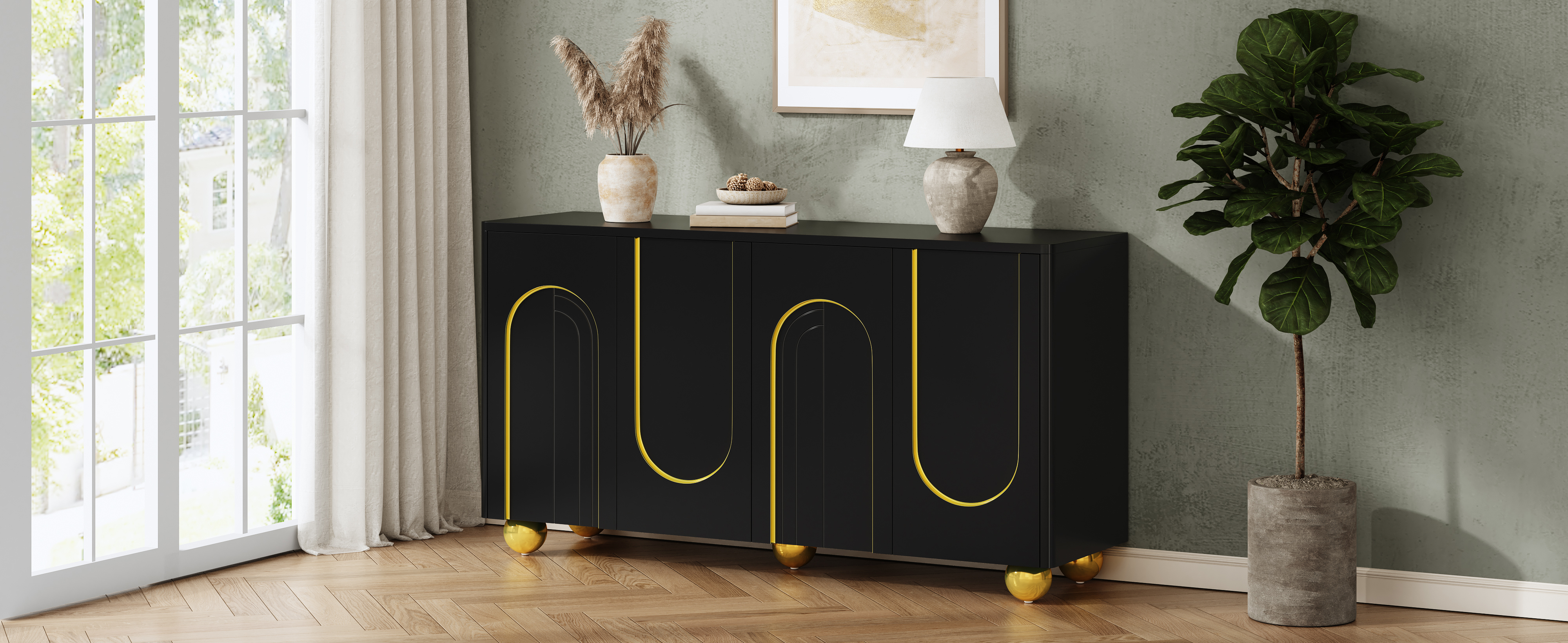 Buffet, 140 x 40 x 74 cm, panneaux de particules et métal, noir - vue 3