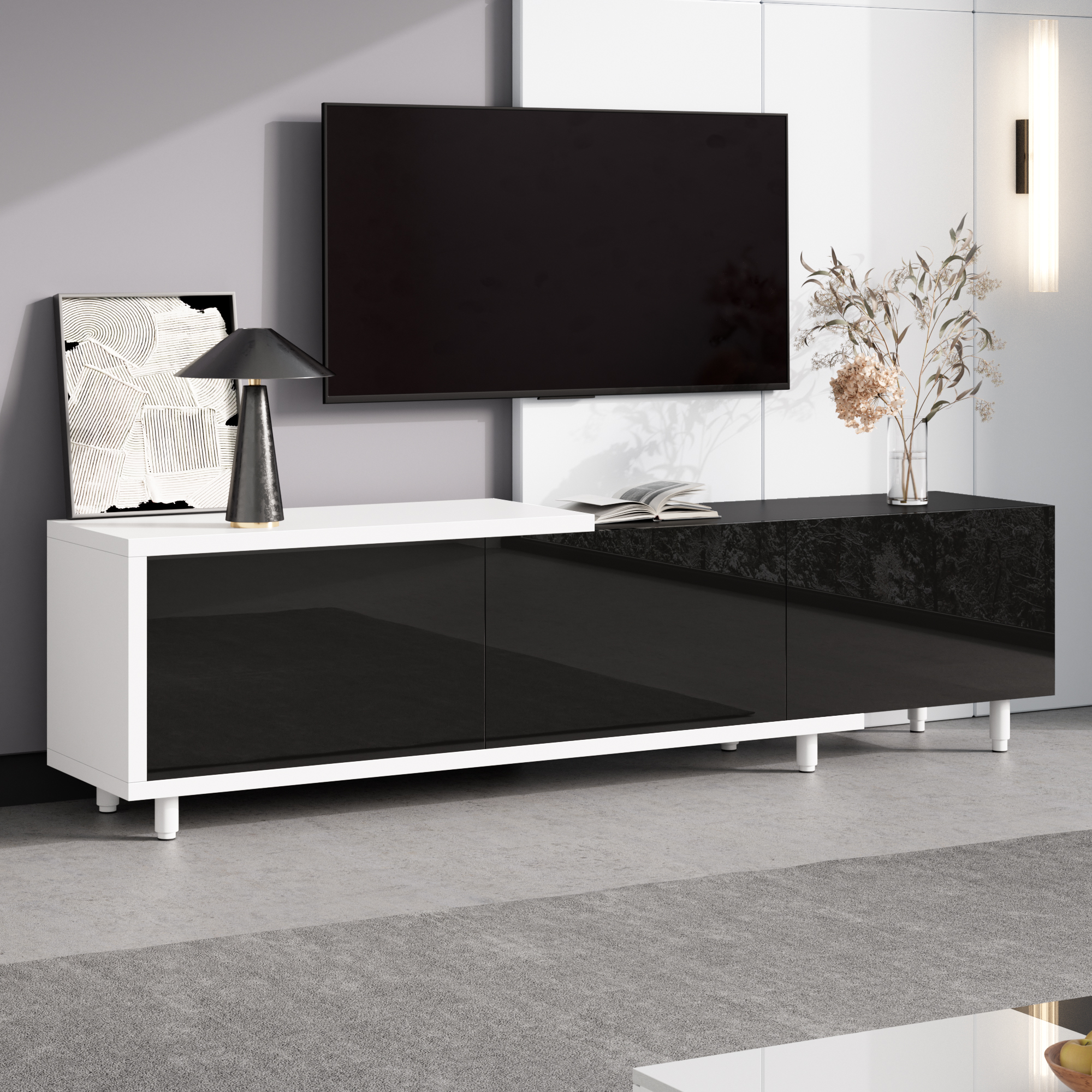 Meuble TV, extensible, rangement intégré, 258 x 38 x 48,5 cm, panneaux de particules et métal, blanc - vue 3