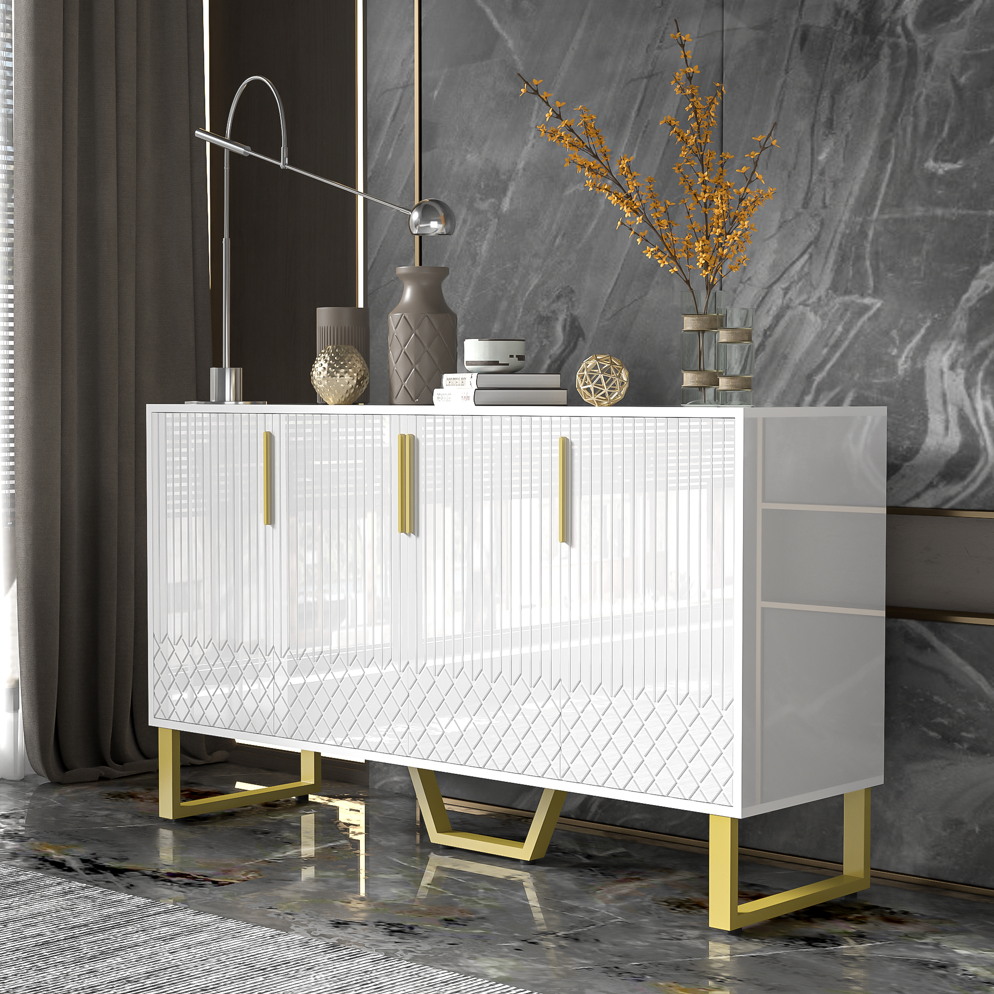 Buffet, 140 x 40 x 80 cm, métal et MDF, blanc - vue 4