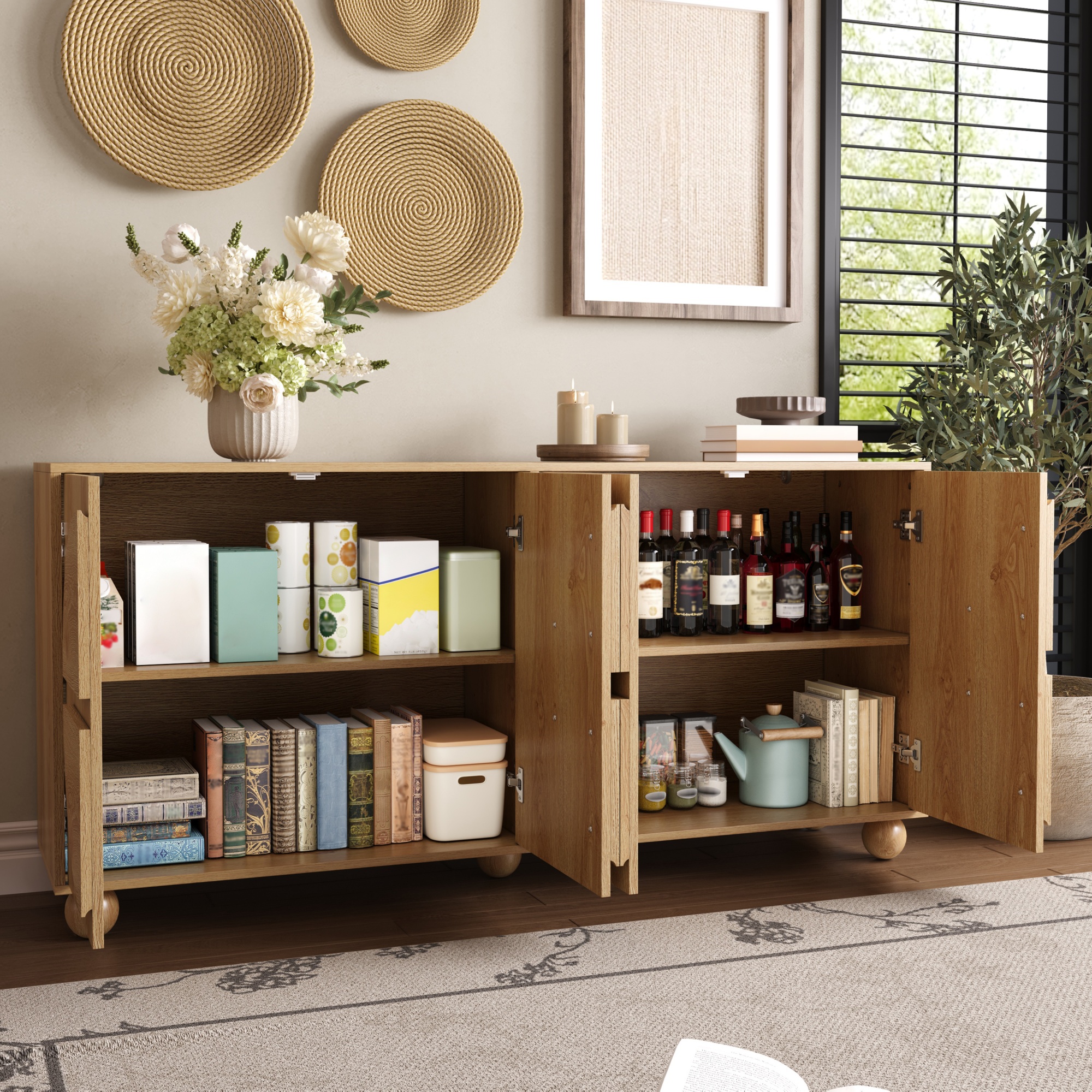 Buffet bas 160 cm, meuble de rangement avec 4 portes, étagères réglables, MDF et pin, Effet bois naturel