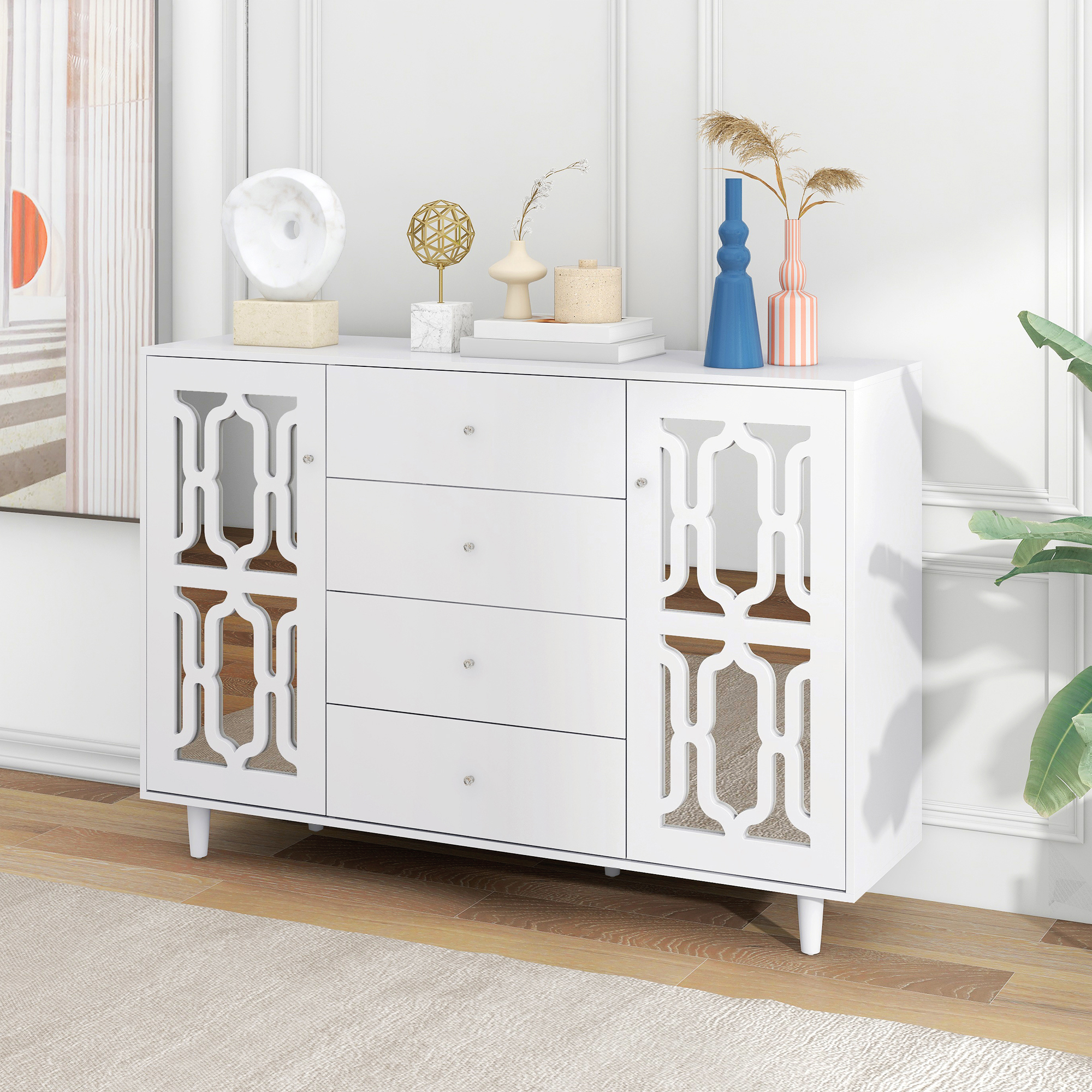 Buffet blanc avec surface miroir, poignée verre cristal, 2 portes + 4 tiroirs, pieds bois massif, dimensions 147.5×40×102 cm, pour salon et entrée, design luxueux, beaucoup de rangement, style élégant - image 1