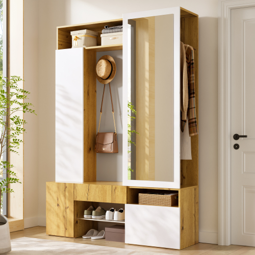 Armoire d'entrée multifonctionnelle avec miroir, meuble à chaussures et espace vêtements