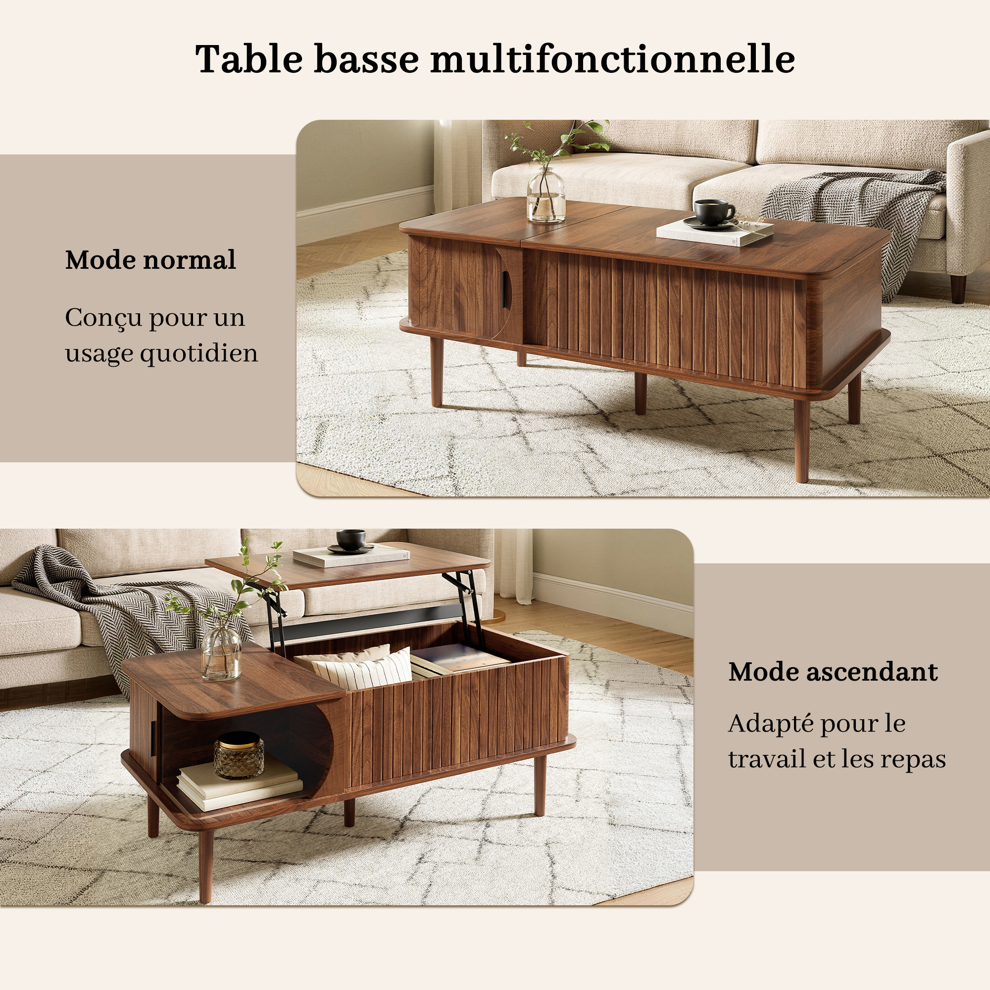 Plateau relevable avec compartiment de rangement dissimulé