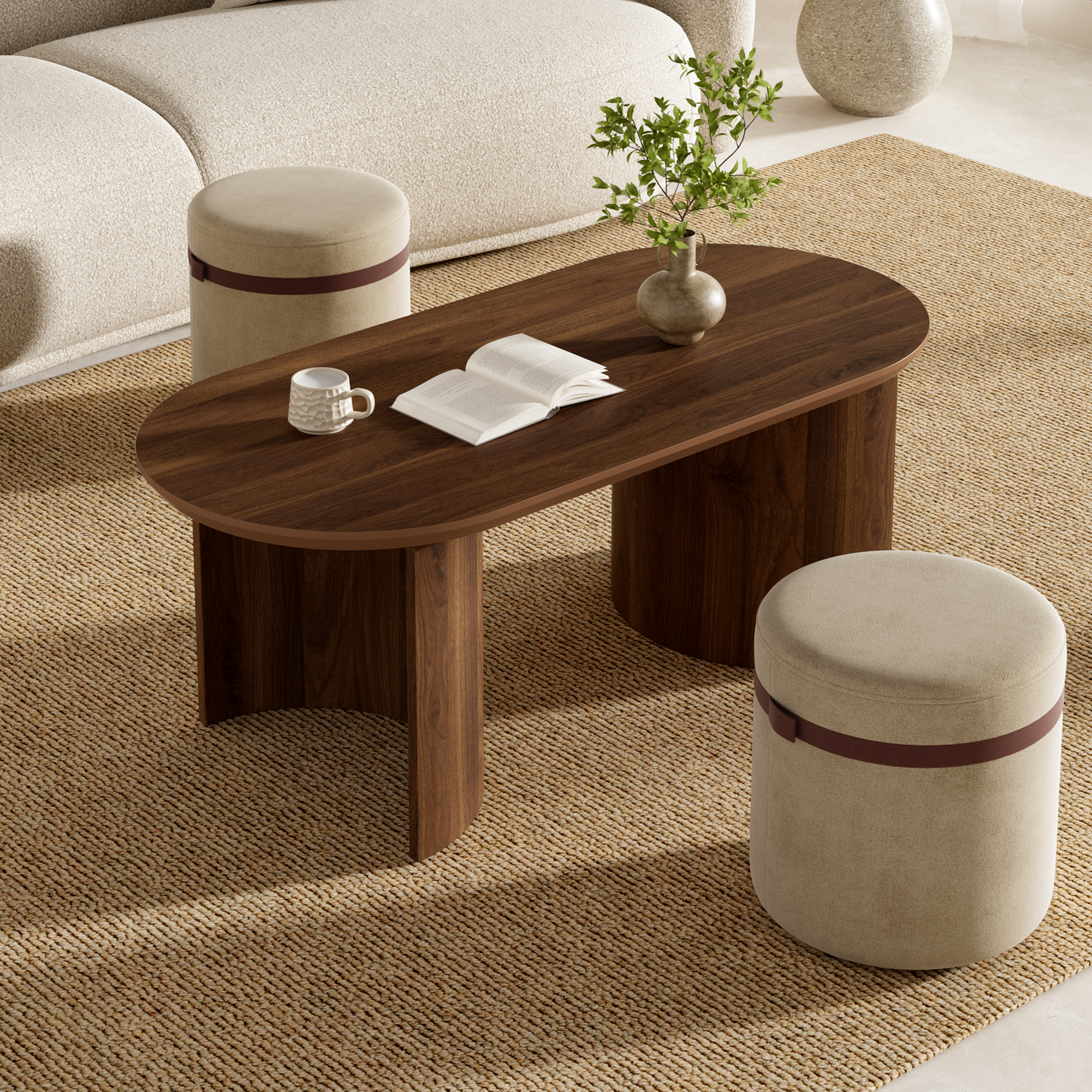 Ensemble table basse ovale 108 x 50 x 44 cm avec 2 poufs rembourrés, MDF et pin, Effet noyer - vue principale
