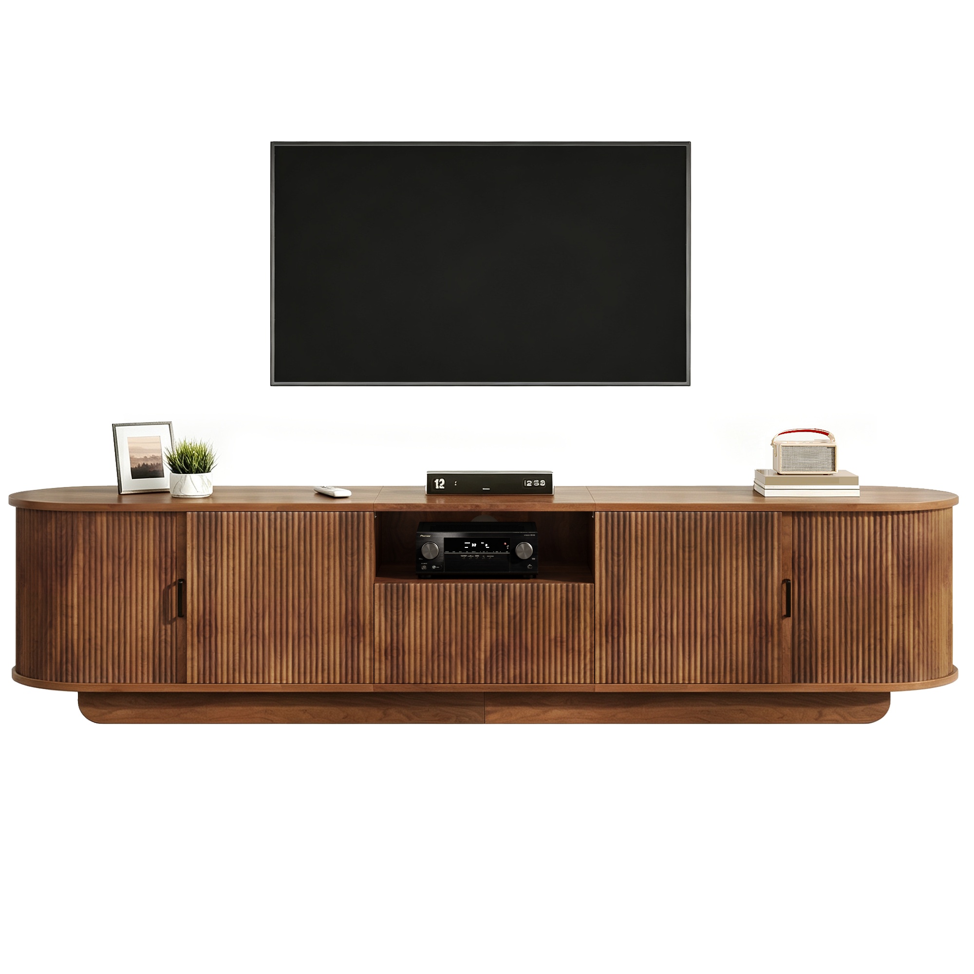 Meuble TV 200 cm, meuble bas de salon avec 4 portes, 1 tiroir, passe-câbles, façade ondulée 3D, panneaux de particules et MDF, Effet noyer