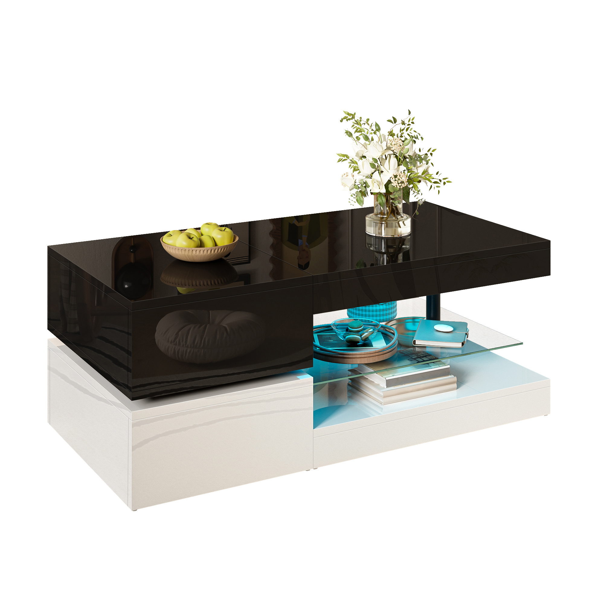 Table basse, éclairage led, éléments en verre, 90 x 45 x 35,5 cm, panneaux de particules et verre, noir - vue 1