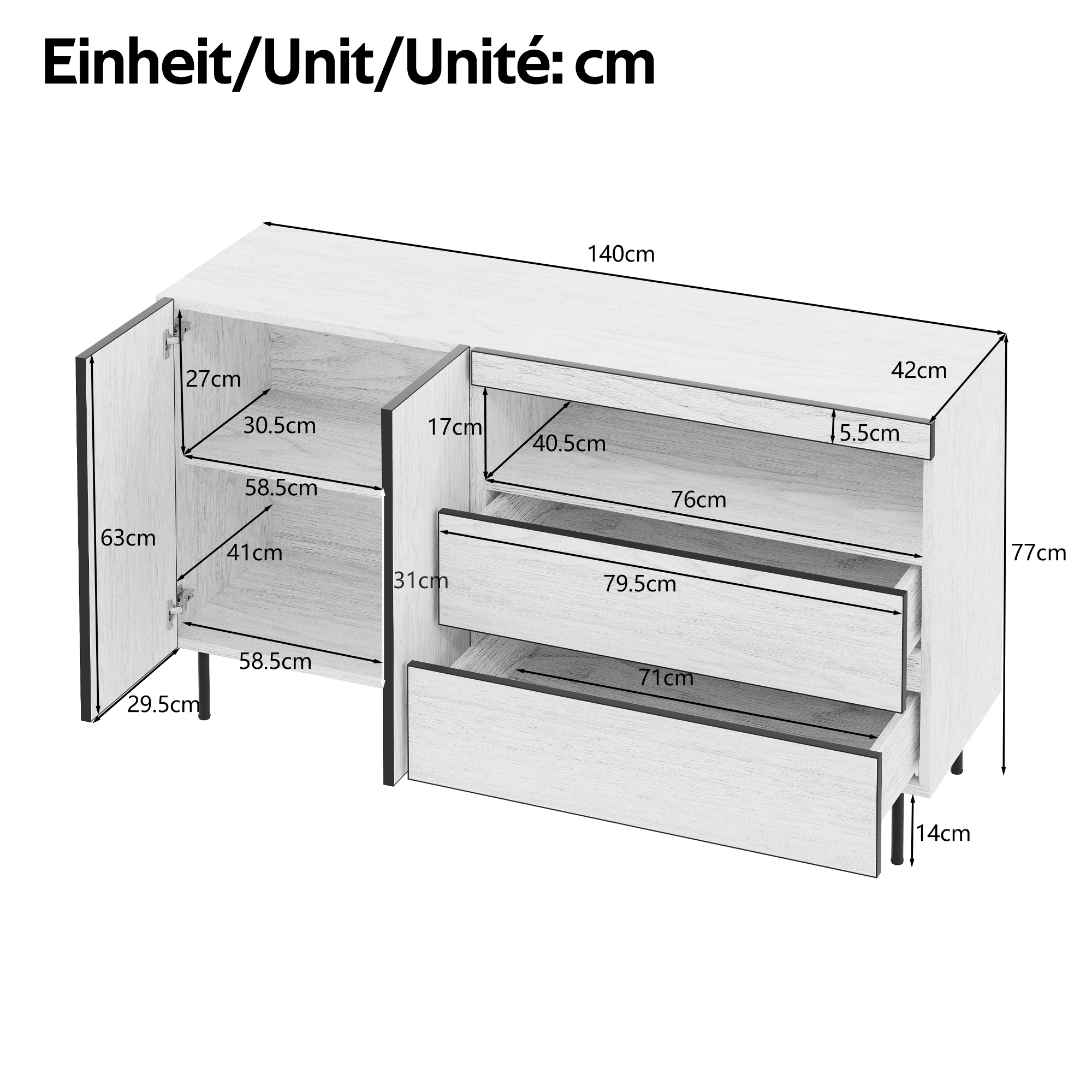 Buffet, avec tiroirs, 140 x 42 x 77 cm, panneaux de particules, blanc - vue 2