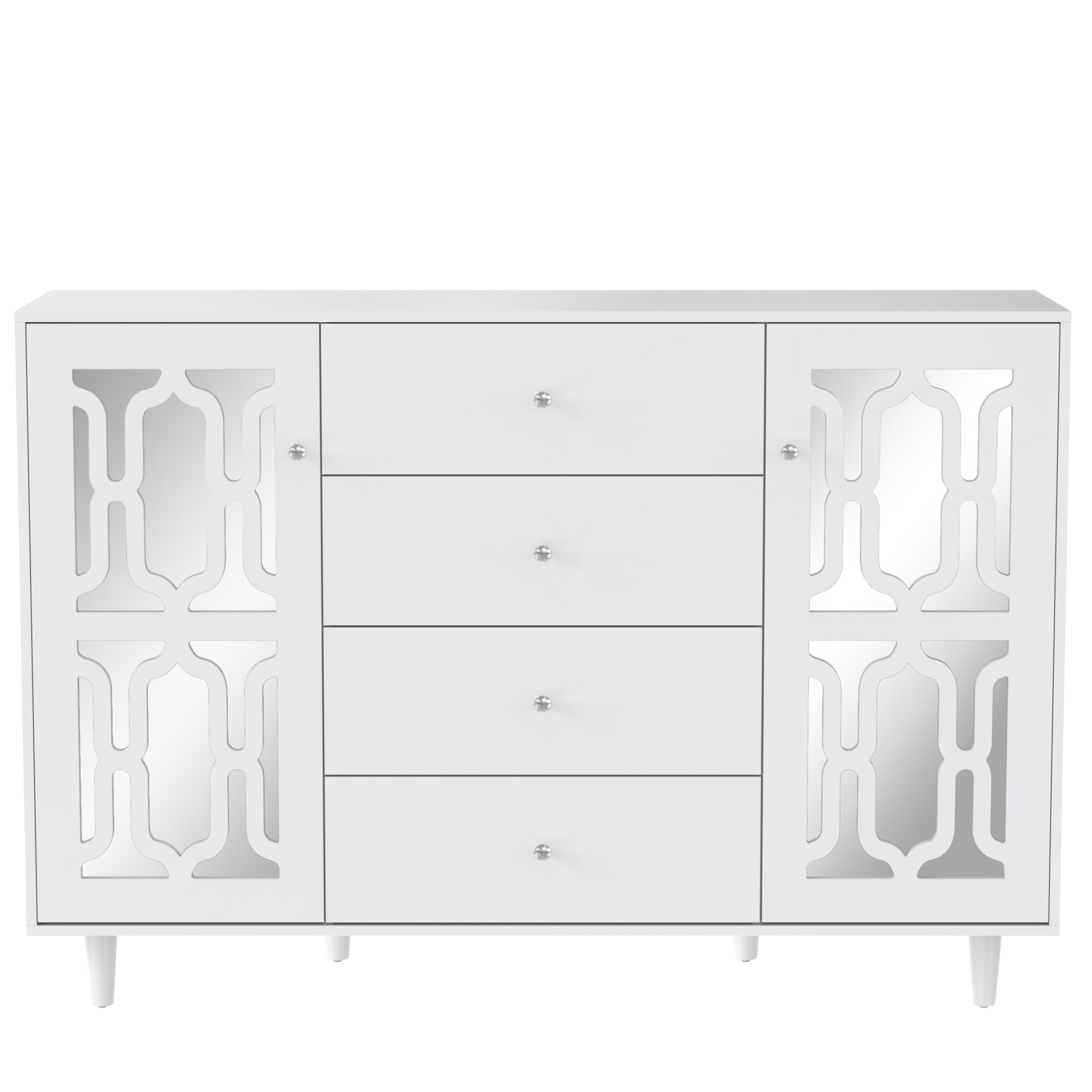 Buffet blanc avec surface miroir, poignée verre cristal, 2 portes + 4 tiroirs, pieds bois massif, dimensions 147.5×40×102 cm, pour salon et entrée, design luxueux, beaucoup de rangement, style élégant - image 18