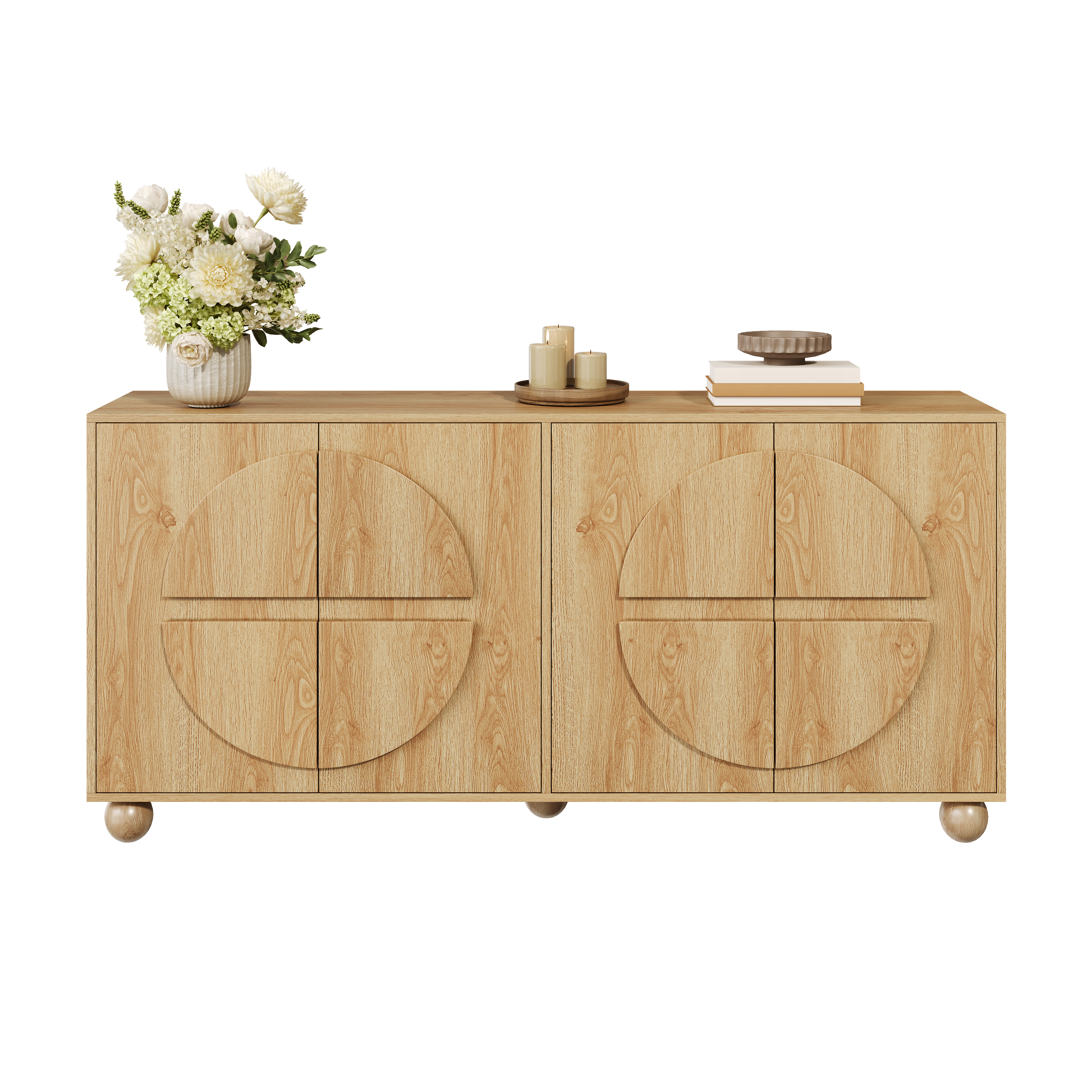 Buffet bas 160 cm, meuble de rangement avec 4 portes, étagères réglables, MDF et pin, Effet bois naturel