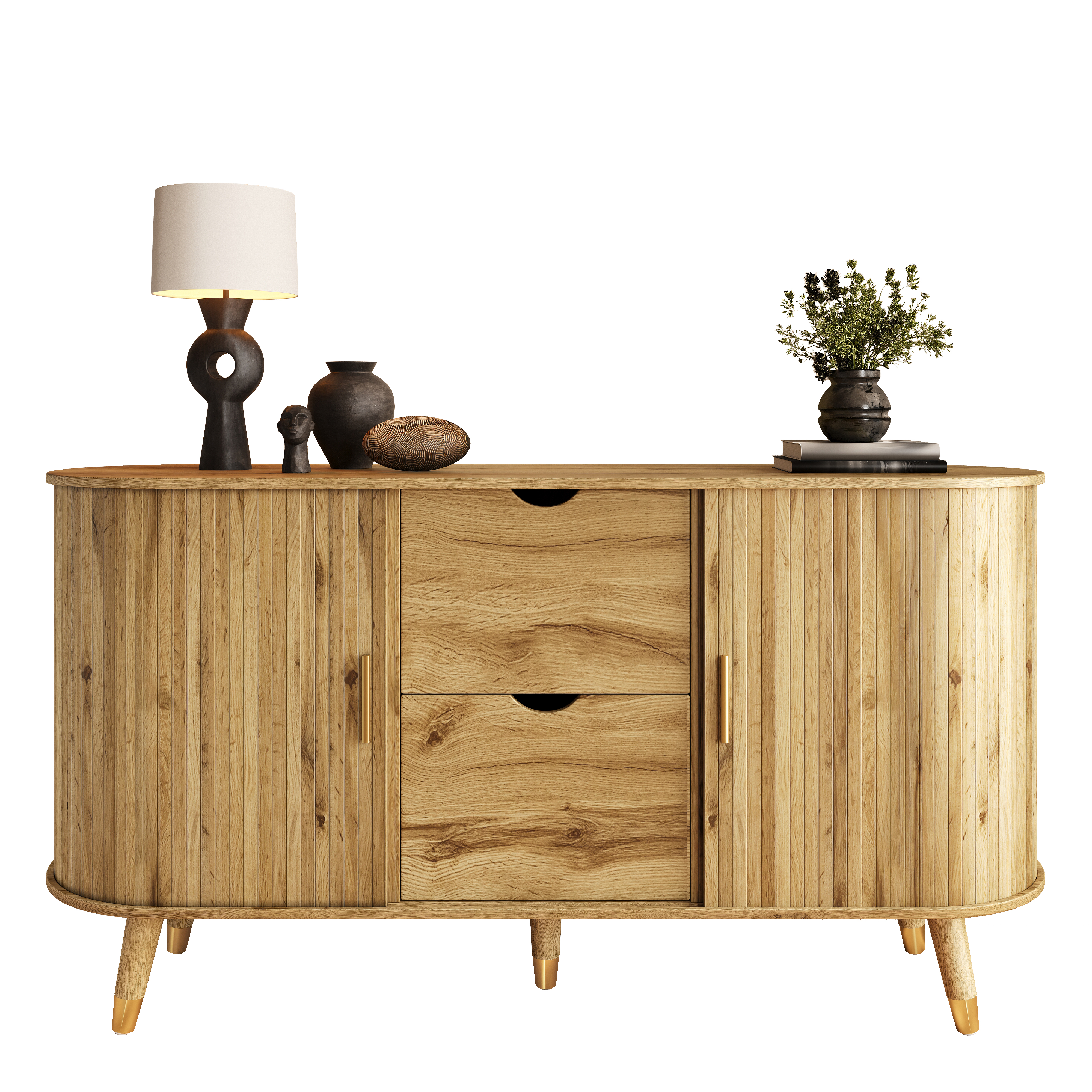 Buffet bas 140 cm, meuble de rangement avec 2 portes coulissantes, 2 tiroirs, étagères réglables, MDF, Effet bois naturel