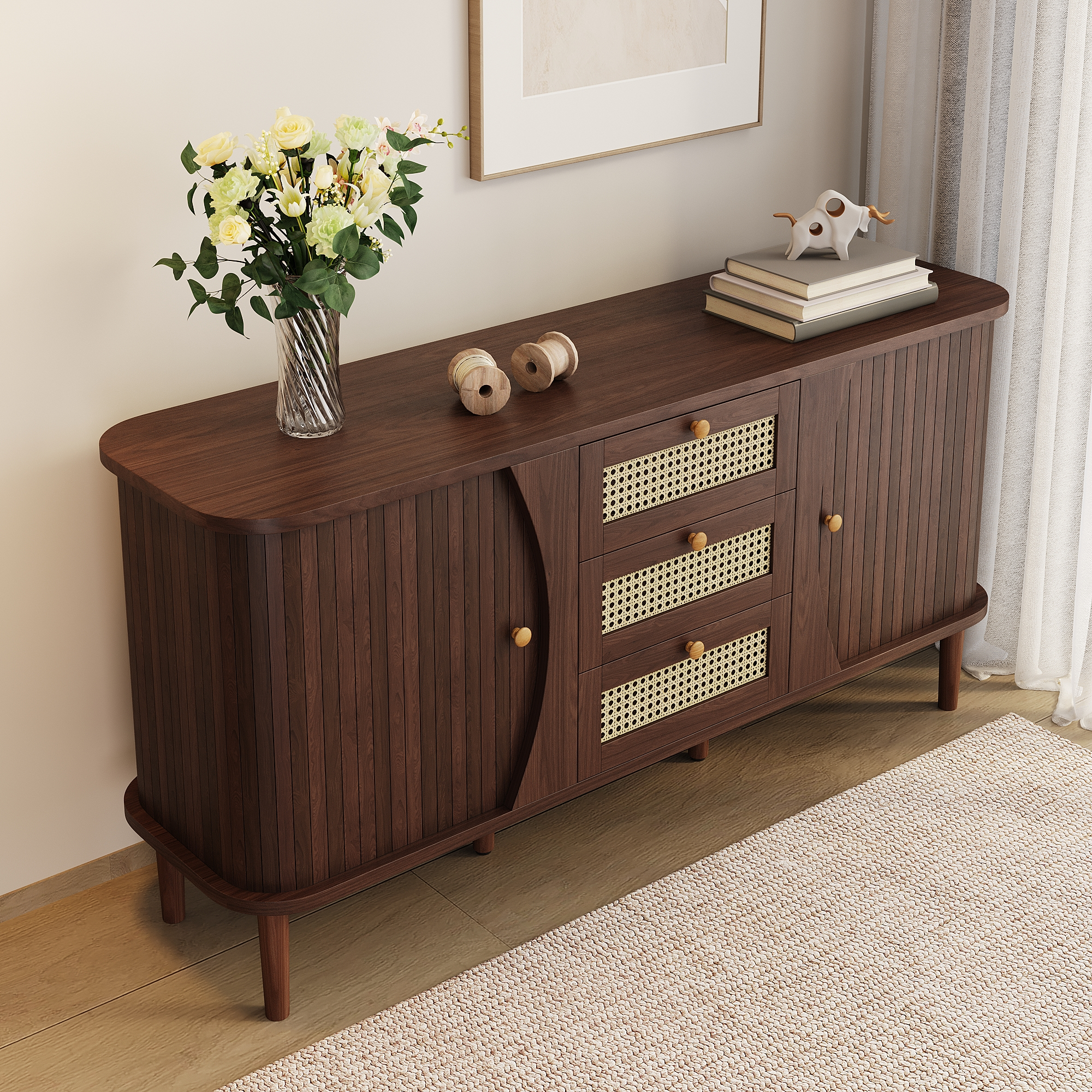Buffet bas 140,5 cm, meuble de rangement avec étagères réglables, panneaux de particules, Effet bois naturel