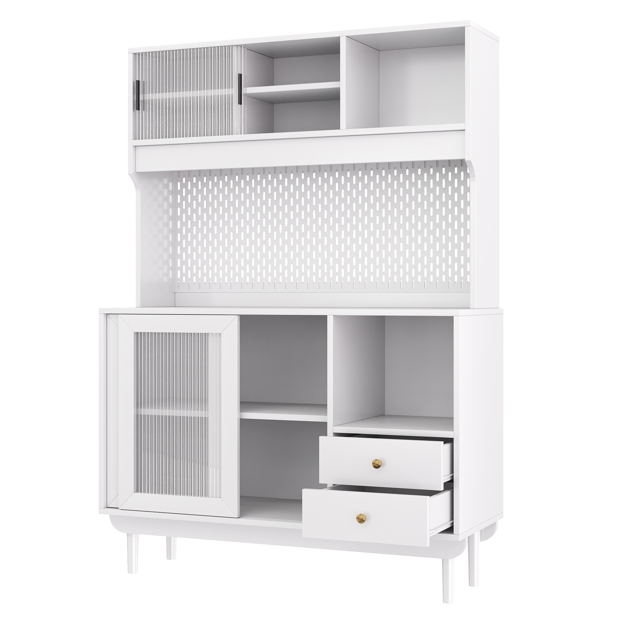 Buffet de cuisine 117 x 30 x 170 cm, 2 portes, 6 tiroirs, portes coulissantes, MDF et panneaux de particules, Blanc - vue complémentaire