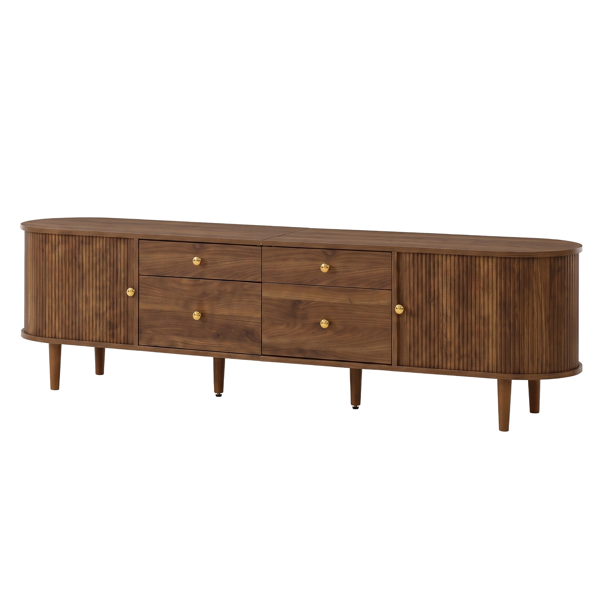 Meuble TV 180 cm, meuble bas de salon avec 2 portes coulissantes, 4 tiroirs, façade ondulée 3D, panneaux de particules et MDF, Effet noyer