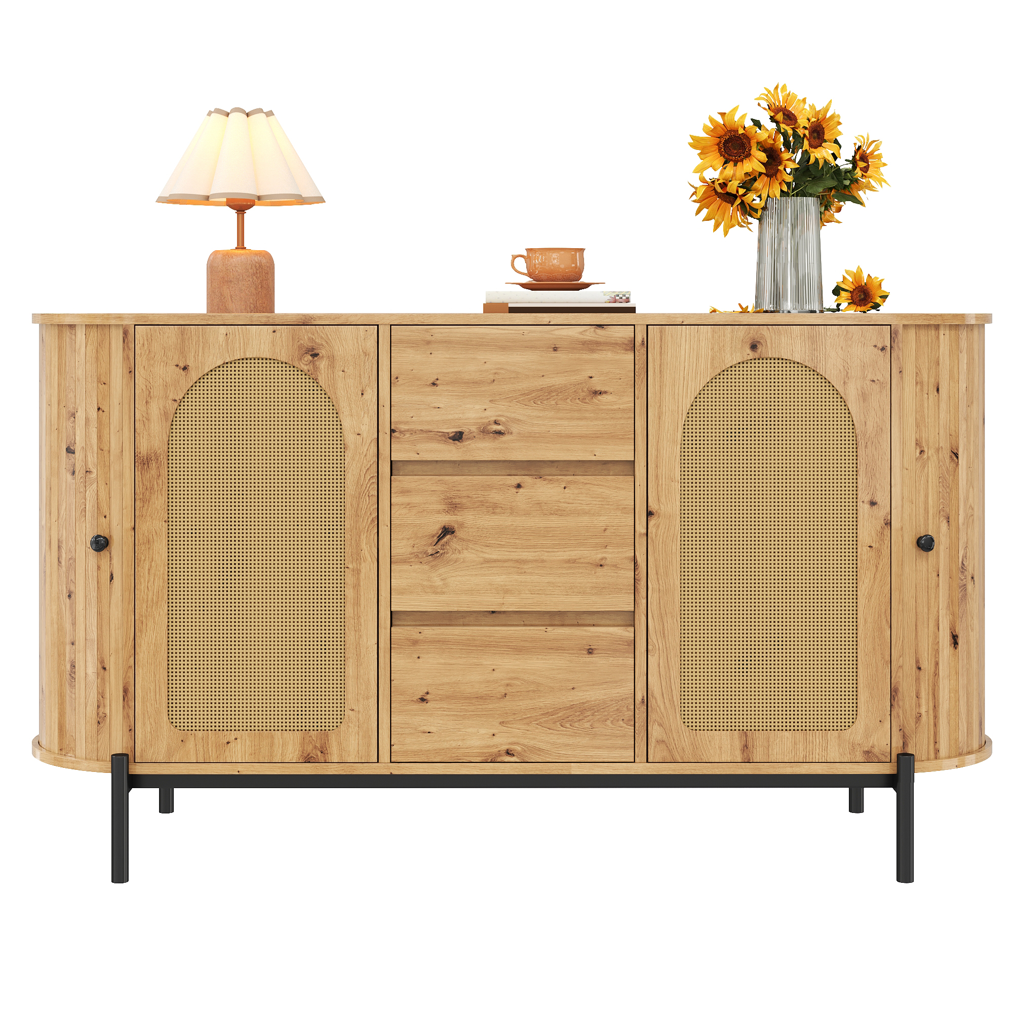 Ovaler Sideboard mit Rattan, Schiebetüren, Türen u