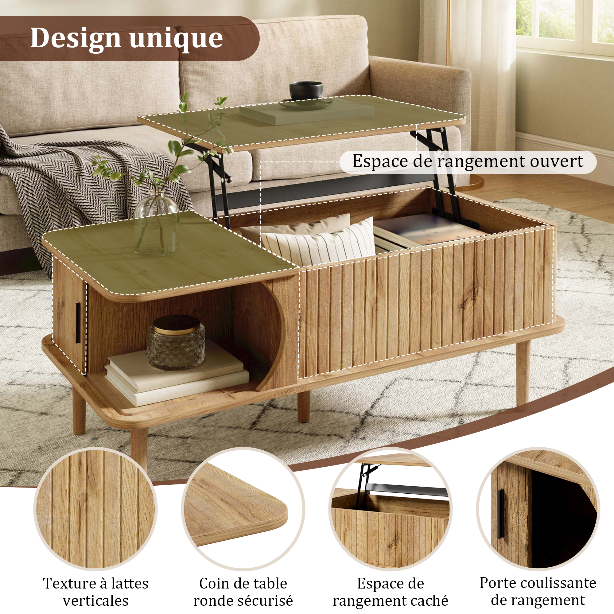 Structure en MDF avec supports en bois massif et mécanisme relevable