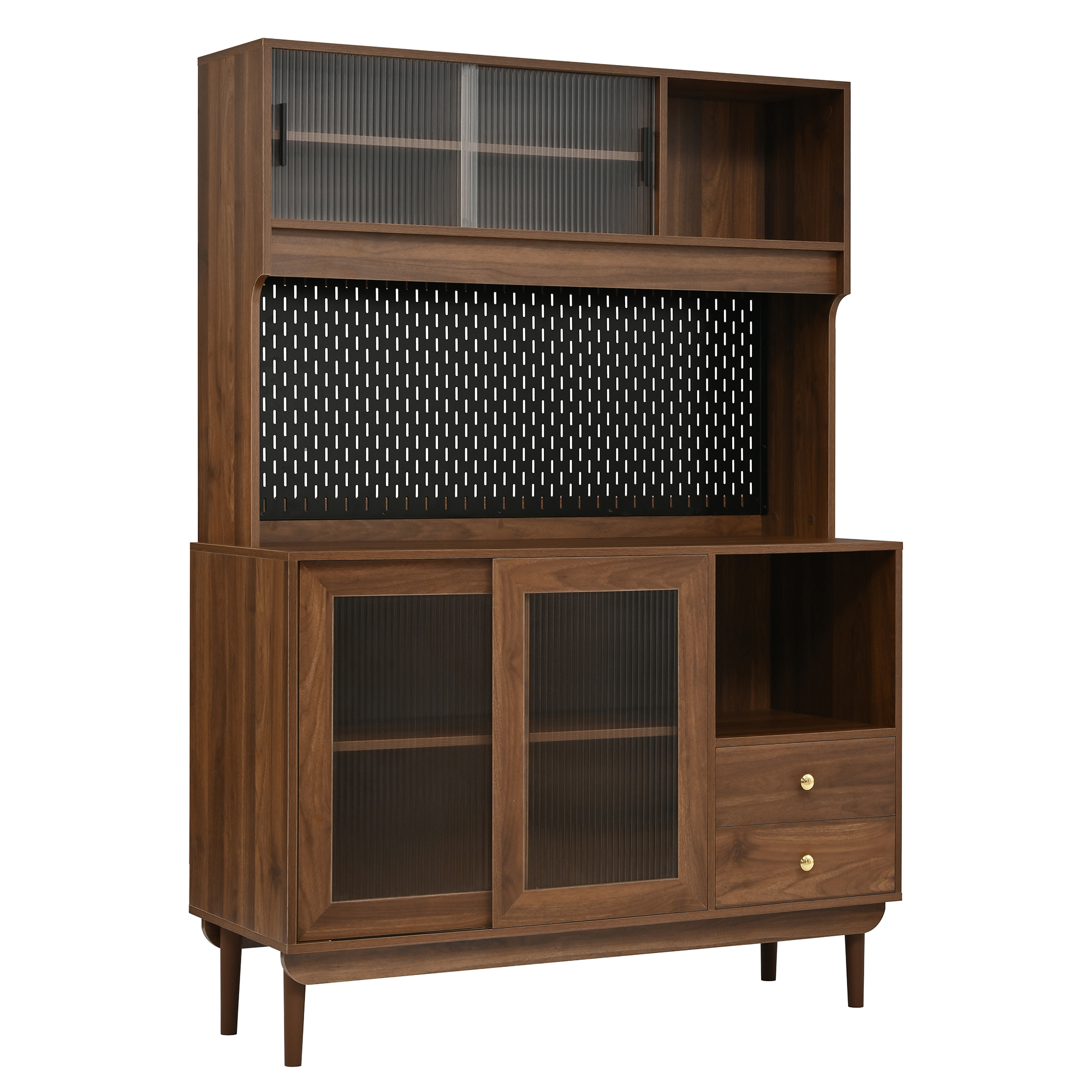 Buffet de cuisine 117 x 30 x 170 cm, 2 portes, 6 tiroirs, portes coulissantes, MDF et panneaux de particules, Effet noyer - vue complémentaire