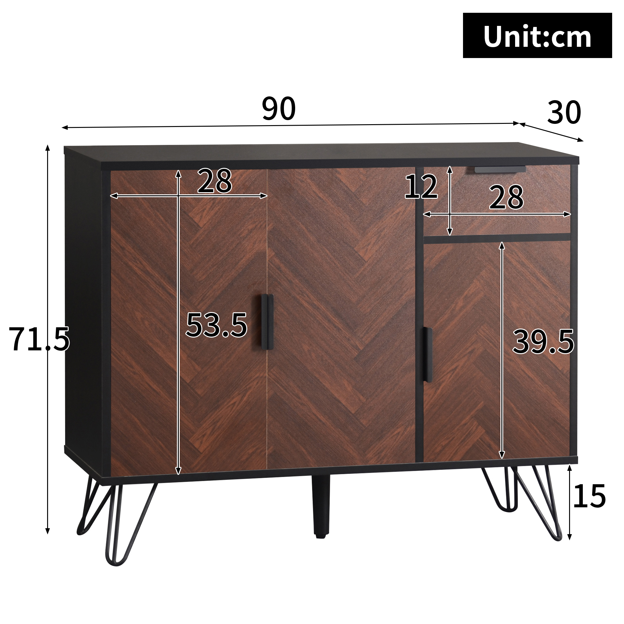 Buffet, hauteur réglable, avec tiroirs, étagères réglables, 90 x 30 x 71,5 cm, panneaux de particules et bois, noir - vue 1