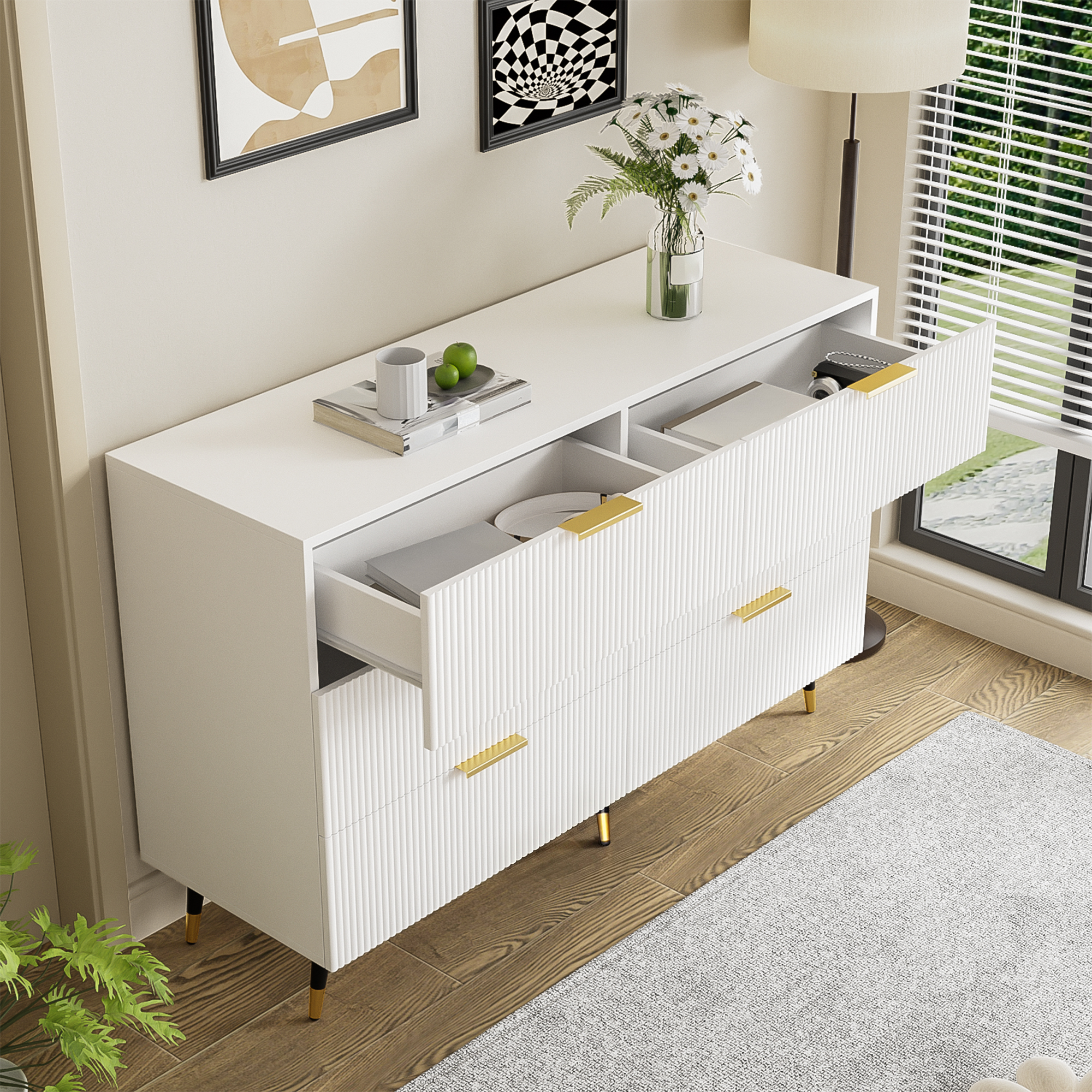 Buffet, rangement intégré, avec tiroirs, 120 x 40 x 77 cm, panneaux de particules, blanc - vue 5