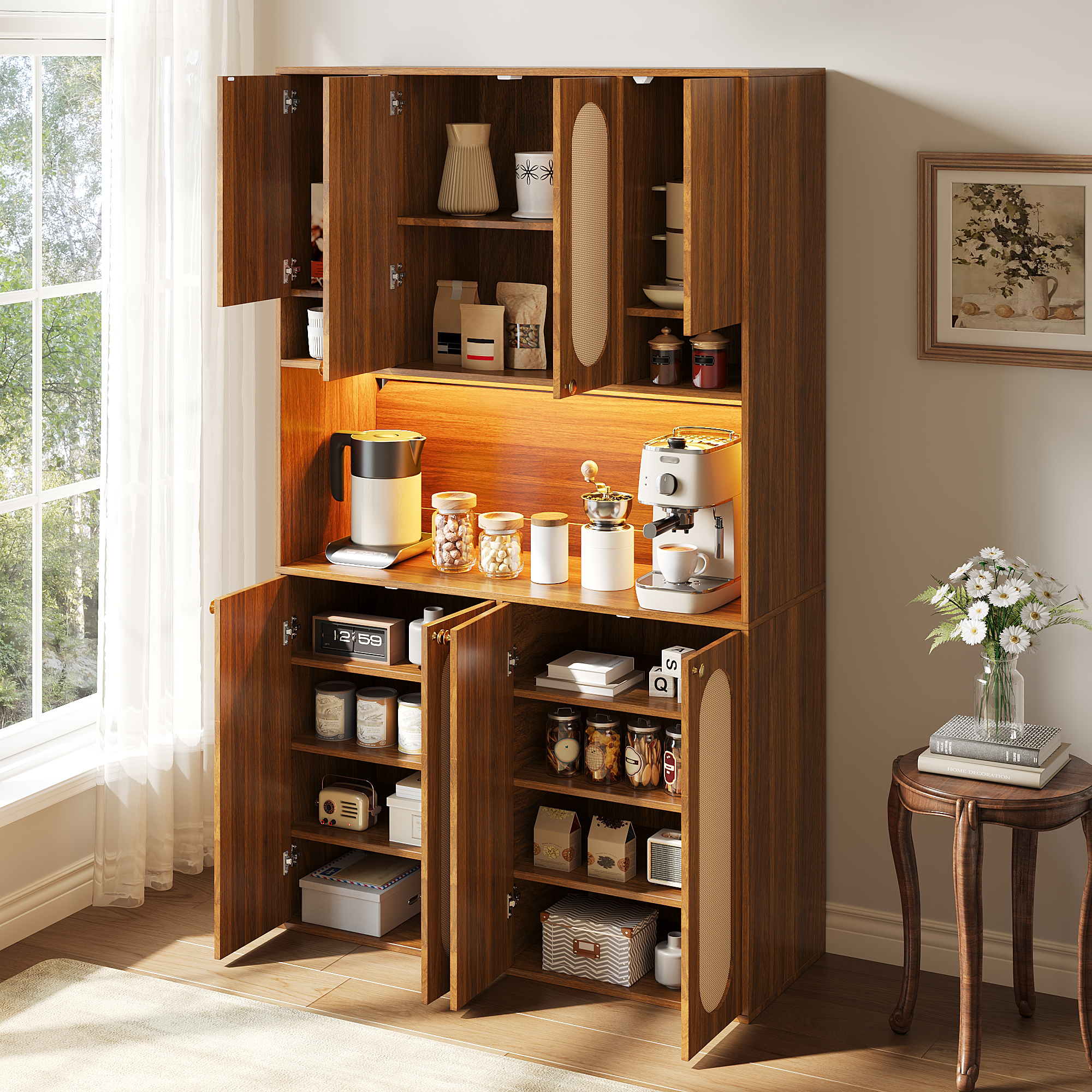 Buffet haut 106 x 40 x 178 cm, LED, étagères réglables, MDF, Effet bois naturel - vue principale