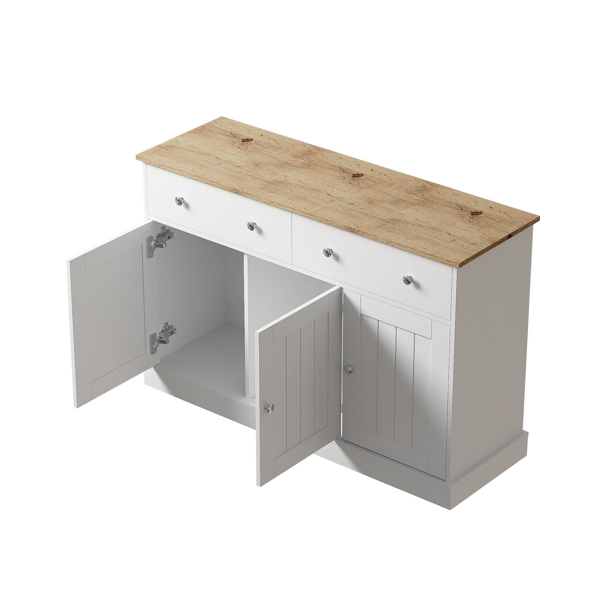 détail des 3 portes et 2 tiroirs de rangement