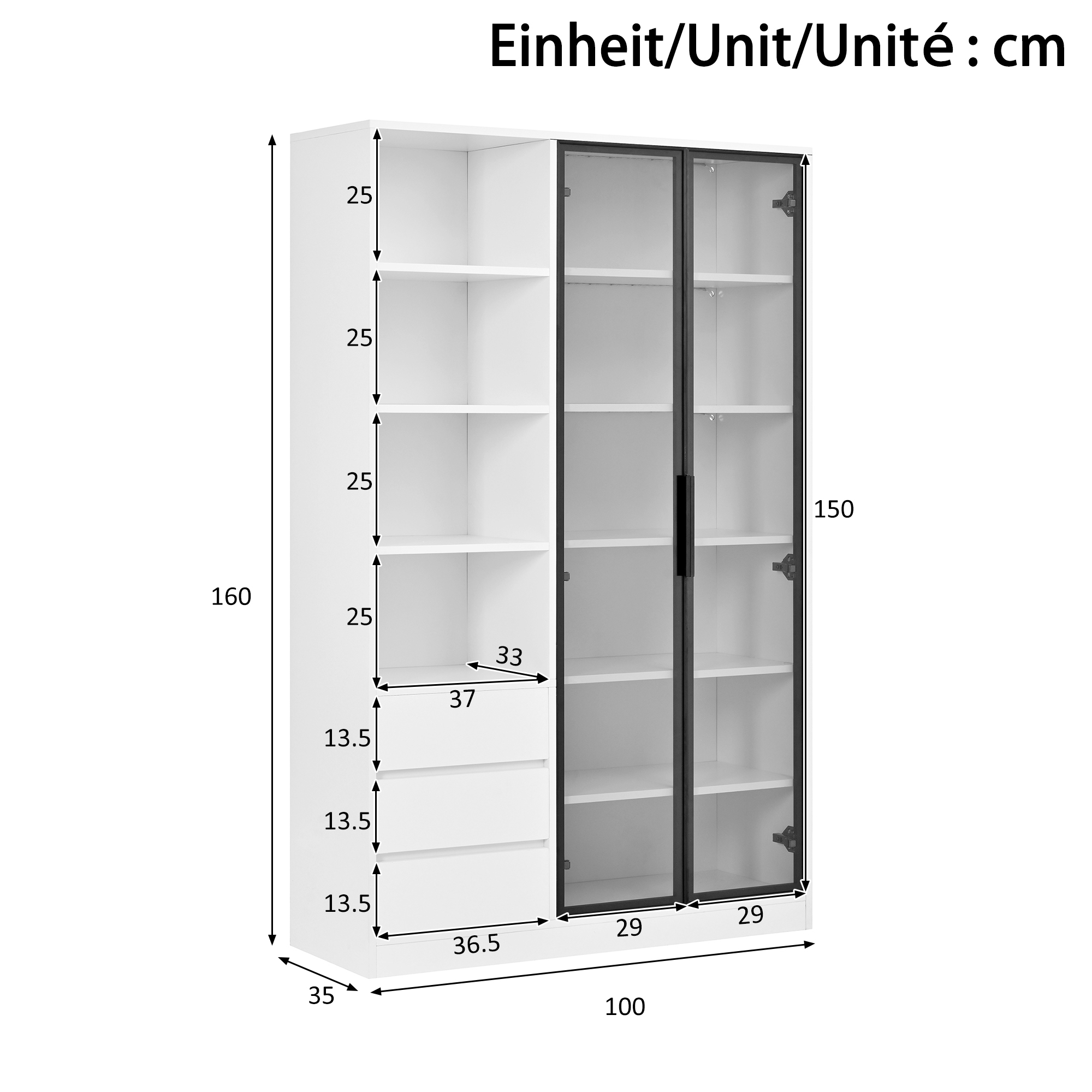 Vitrine 100 x 35 x 160 cm, LED, portes vitrées, MDF et panneaux de particules, Blanc - détails