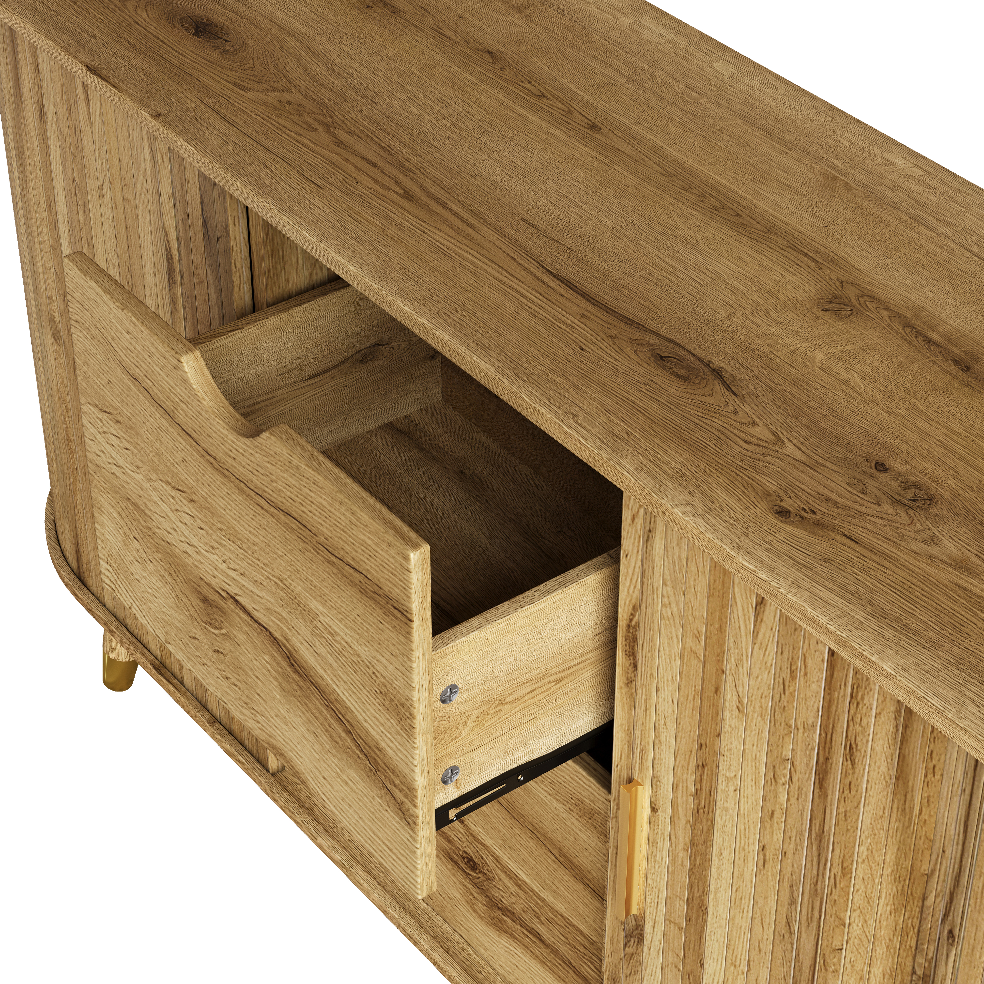 Buffet bas 140 cm, meuble de rangement avec 2 portes coulissantes, 2 tiroirs, étagères réglables, MDF, Effet bois naturel