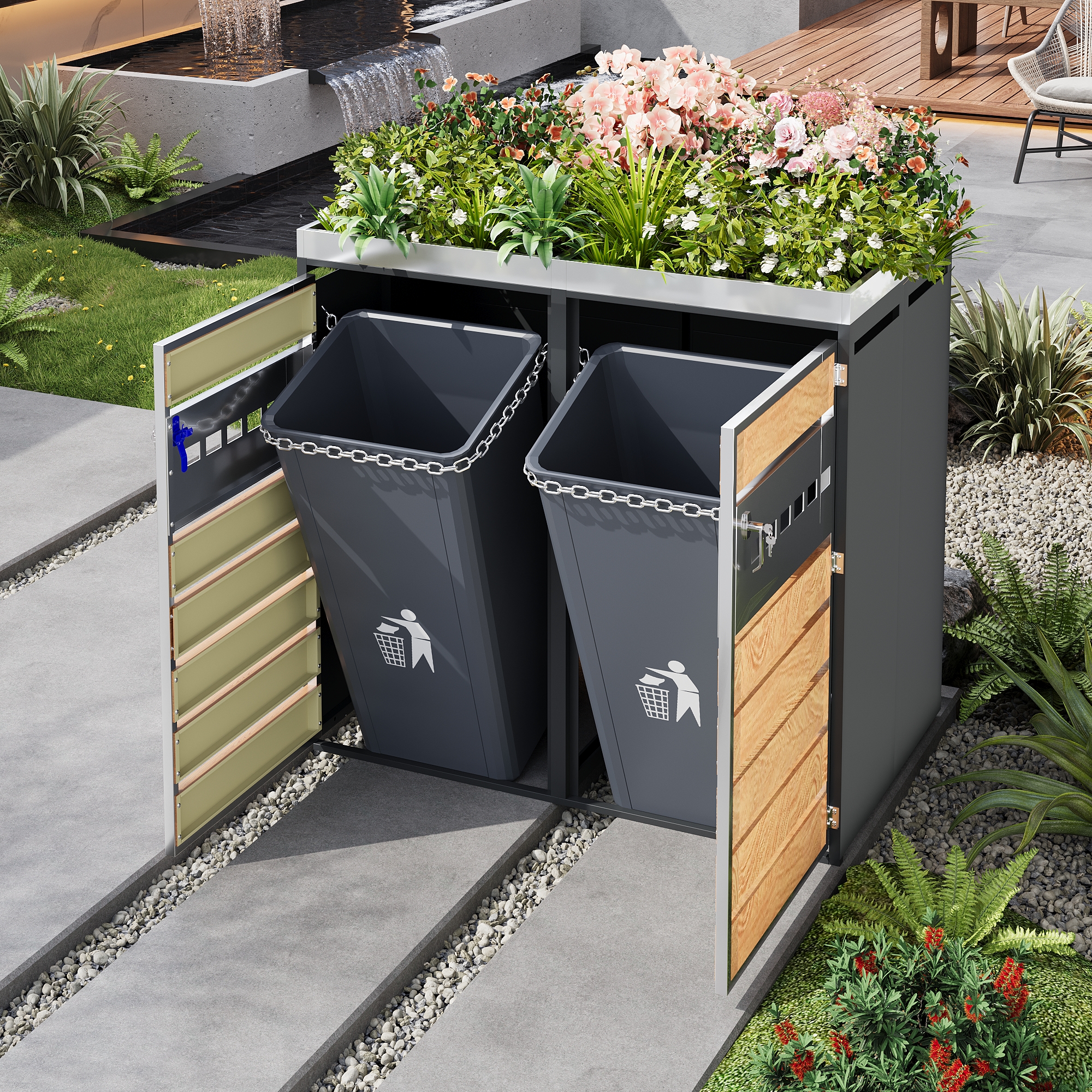 2 compartiments indépendants, serrures séparées, butoirs à chaîne pour extraction poubelles