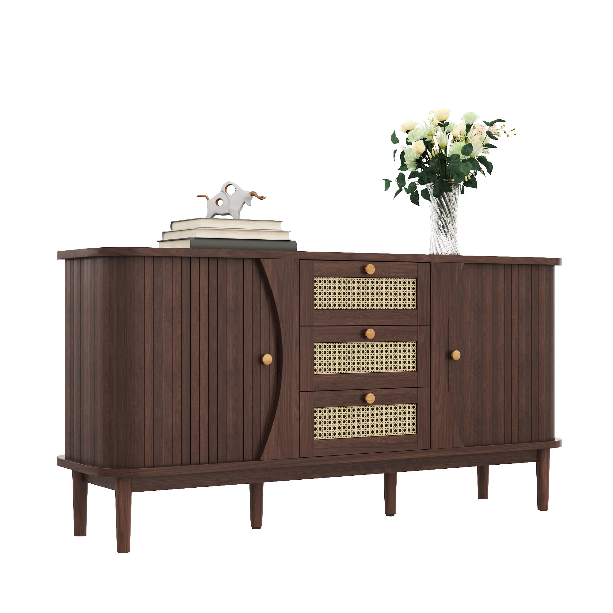 Buffet bas 140,5 cm, meuble de rangement avec étagères réglables, panneaux de particules, Effet bois naturel