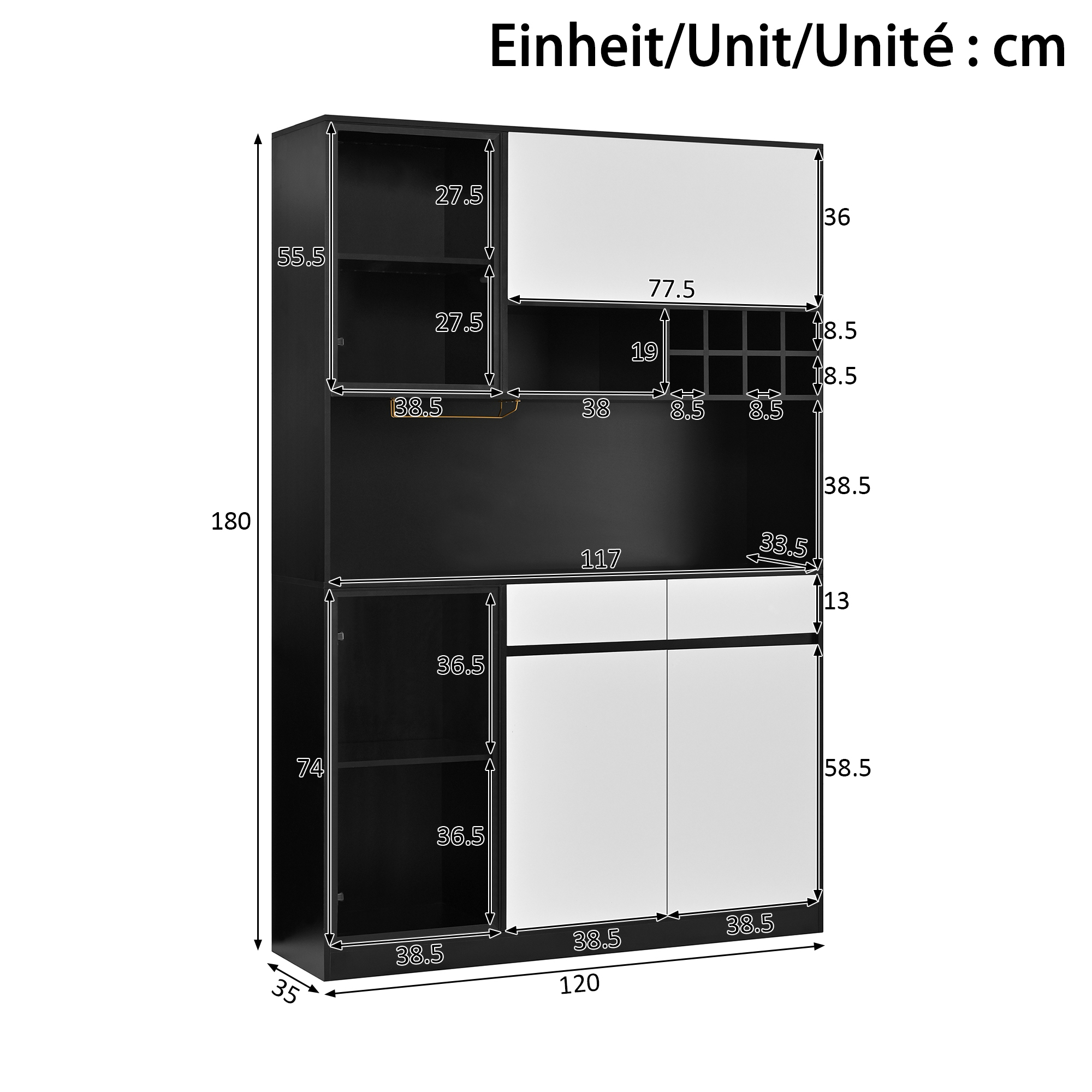 Buffet, avec tiroirs, éclairage led, 120 x 35 x 180 cm, MDF, blanc - vue 3