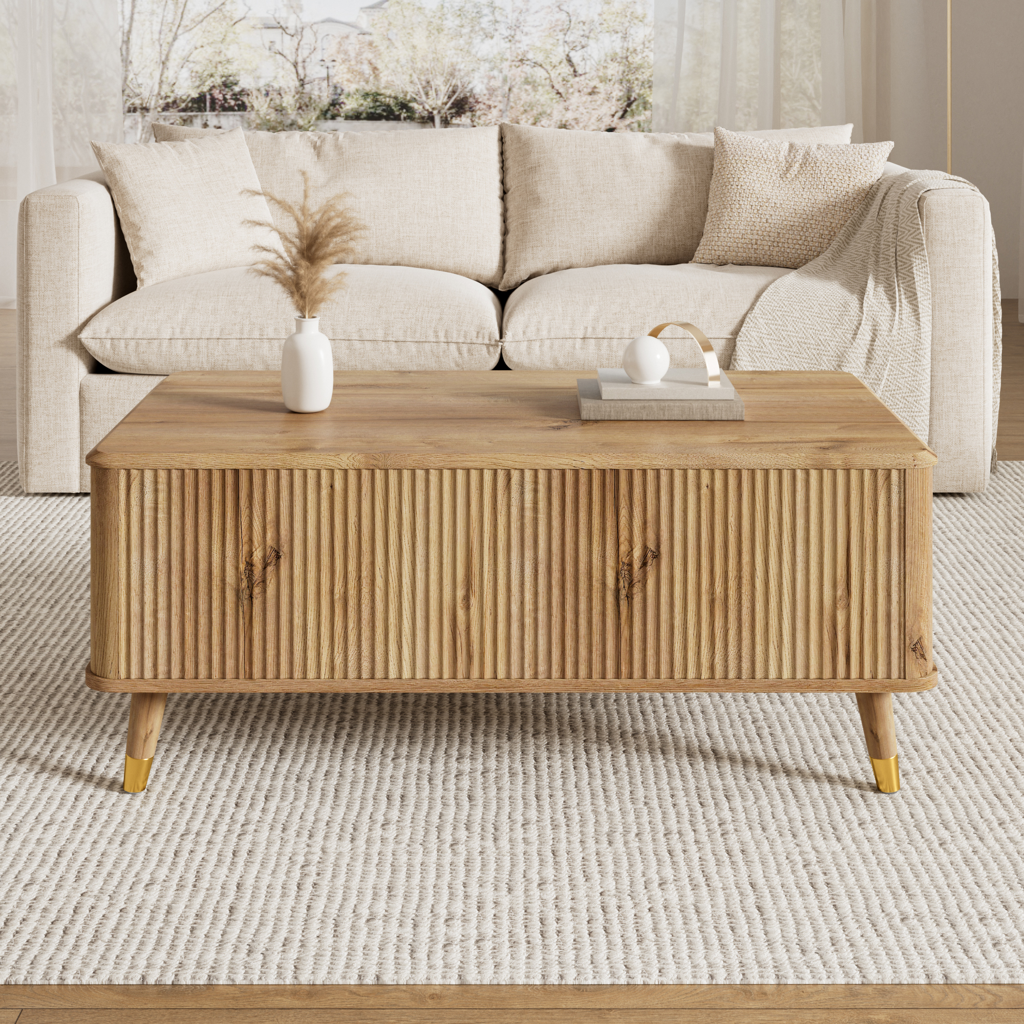 Table basse relevable avec façade ondulée et pieds inclinés en bois