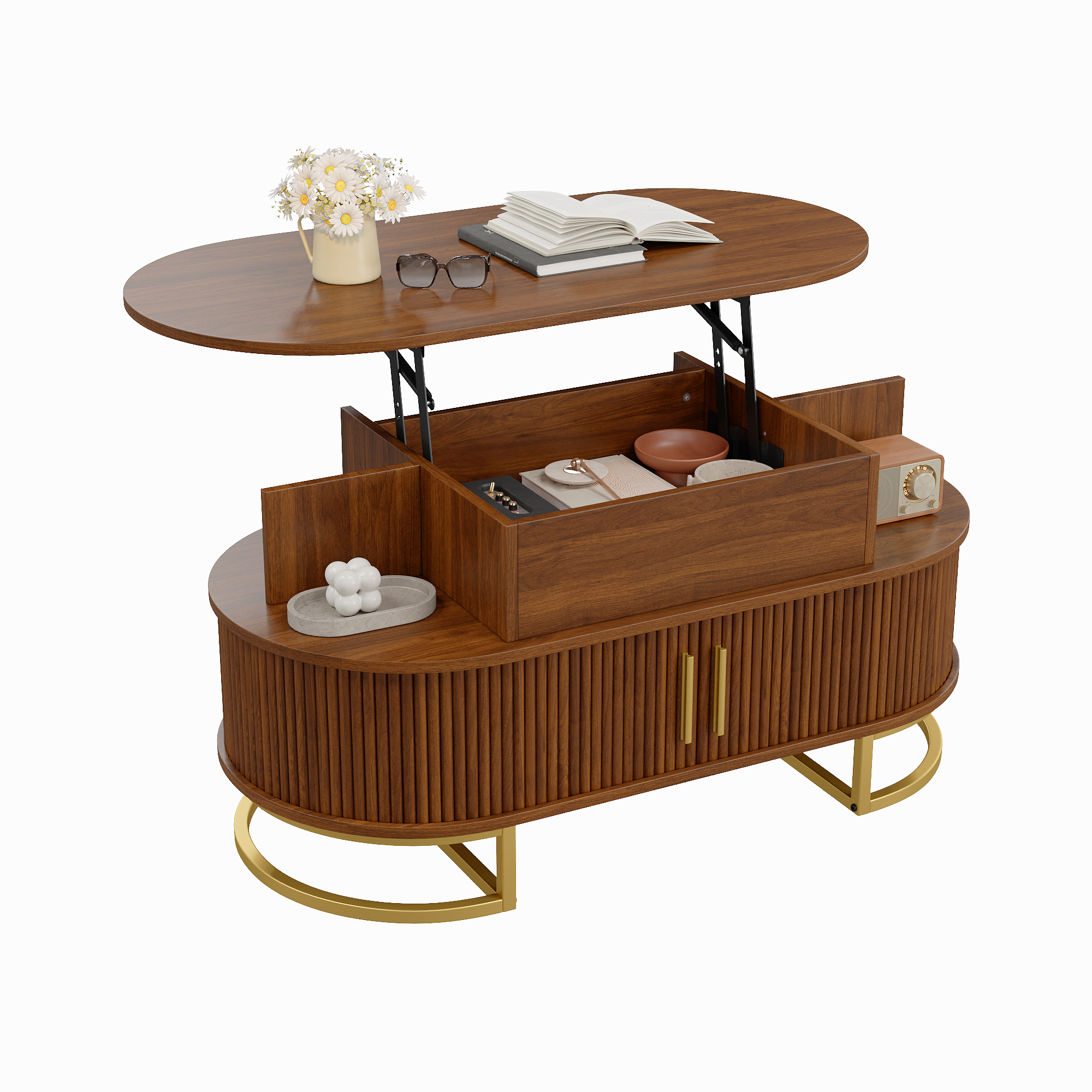 Table basse, hauteur réglable, rangement intégré, 100 x 50 x 64 cm, acier et MDF, Walnut - vue 1