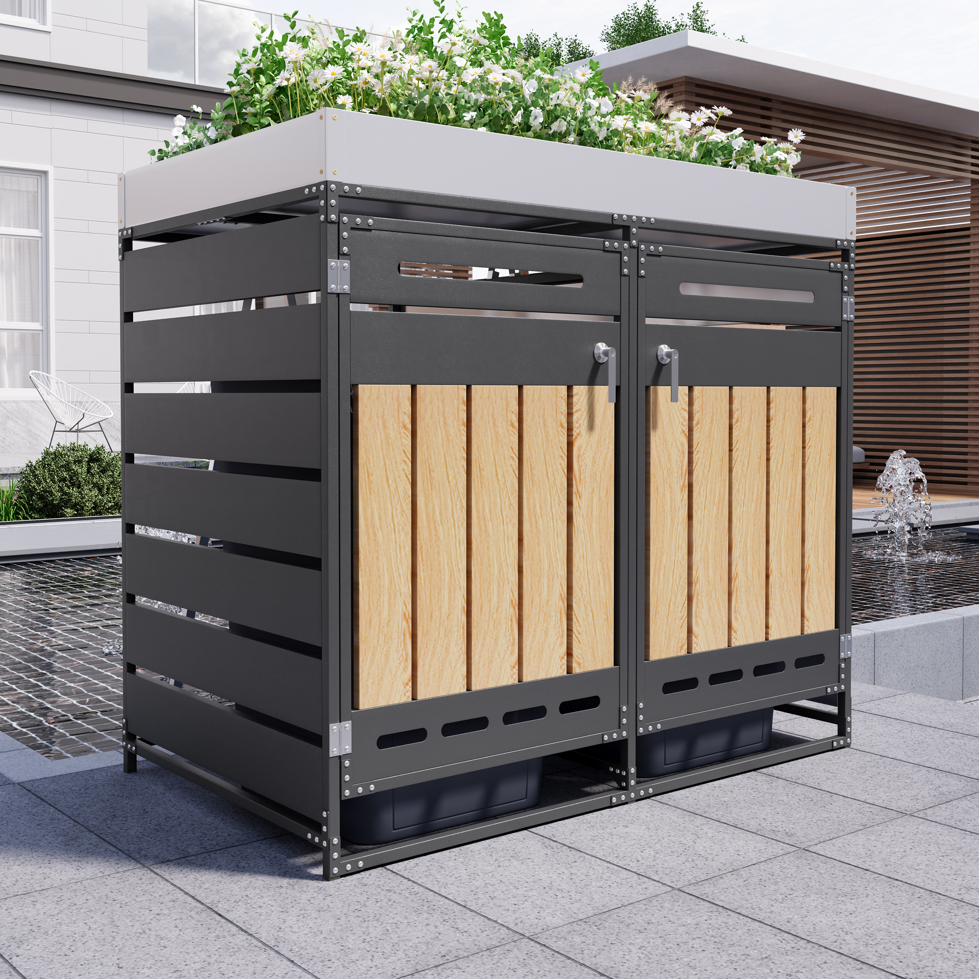 Armoire à poubelles avec bac à fleurs vue générale