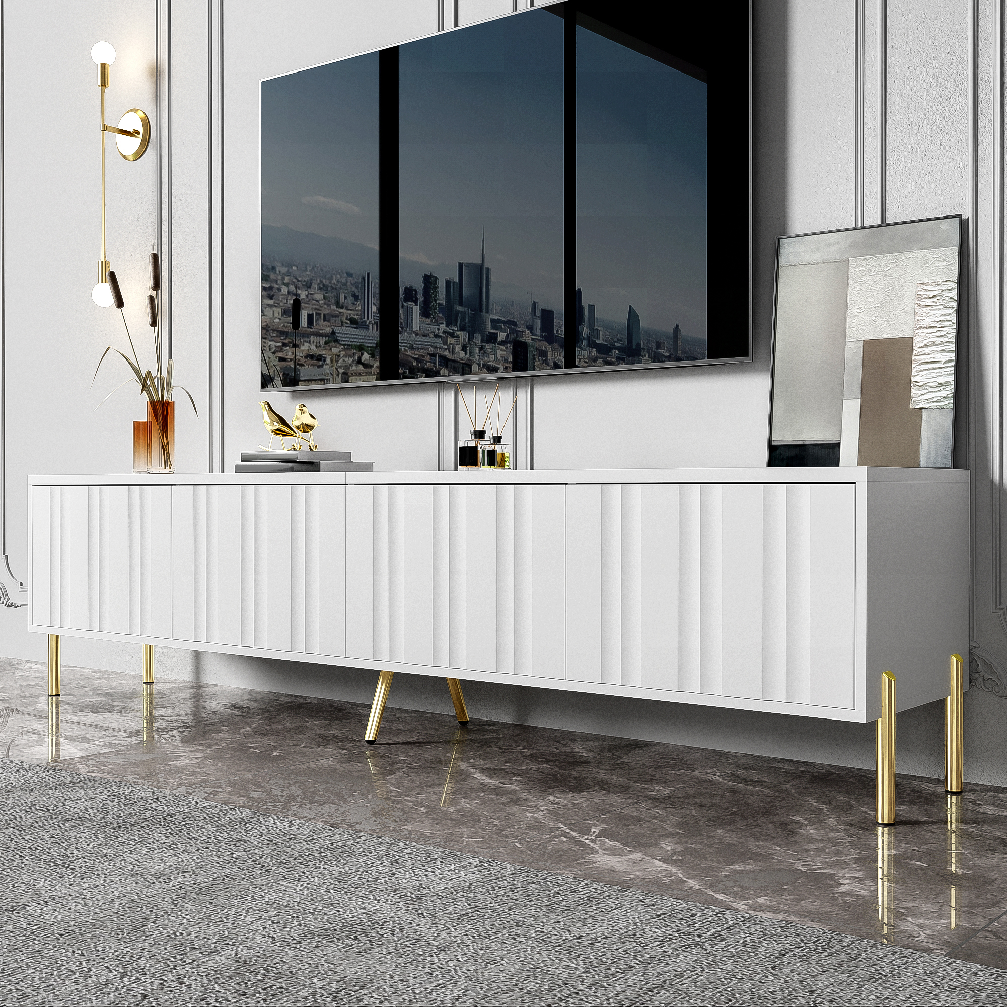 grand volume de rangement : meuble TV longueur 190 cm, 4 portes et 8 étagères