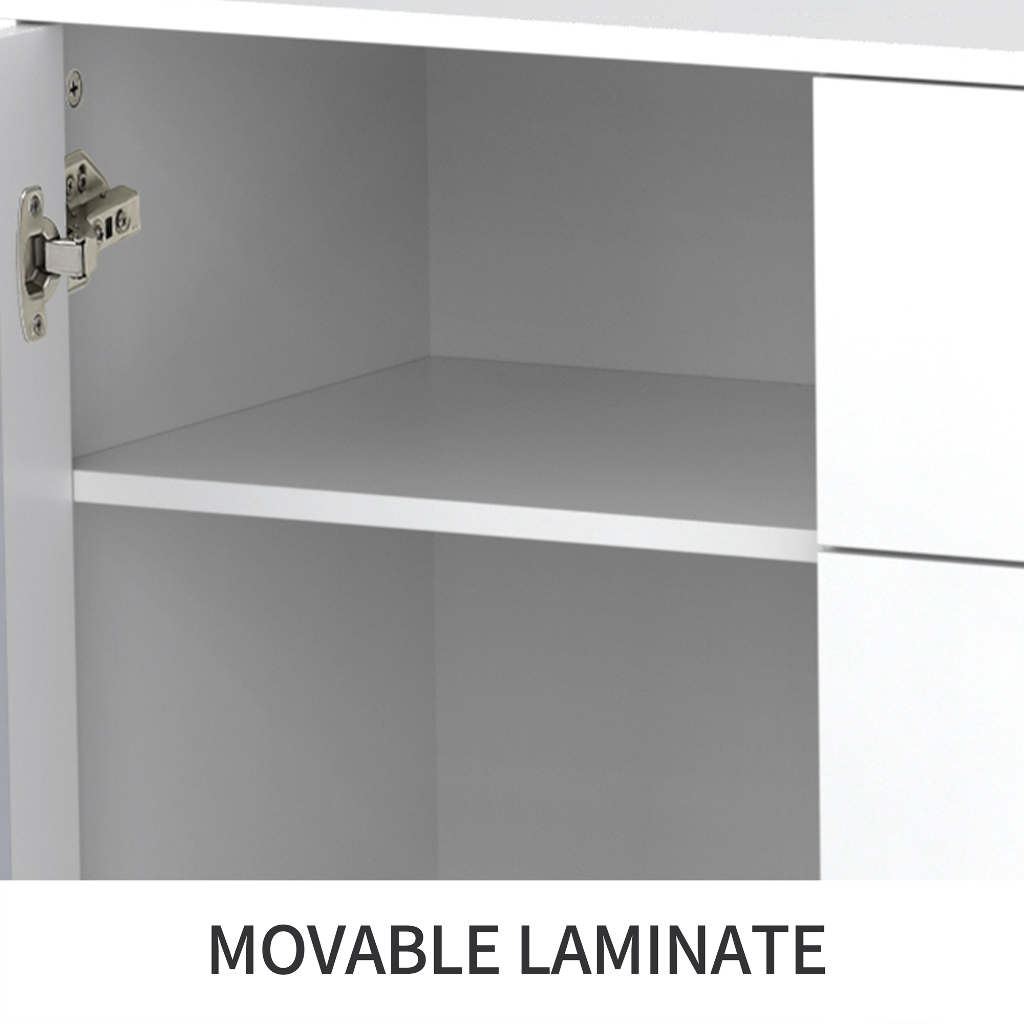 Buffet blanc avec surface miroir, poignée verre cristal, 2 portes + 4 tiroirs, pieds bois massif, dimensions 147.5×40×102 cm, pour salon et entrée, design luxueux, beaucoup de rangement, style élégant - image 5