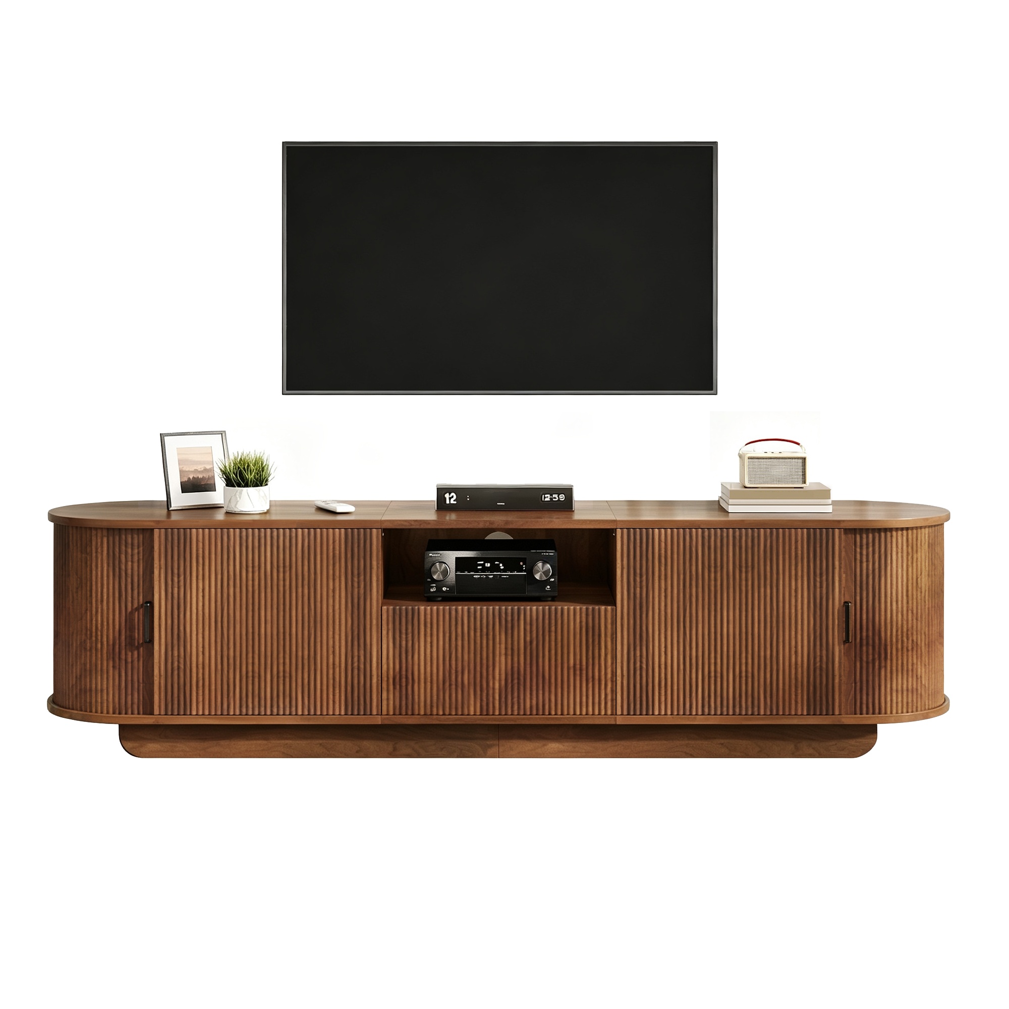 Meuble TV 180 cm, meuble bas de salon avec 4 portes, 1 tiroir, passe-câbles, façade ondulée 3D, panneaux de particules et MDF, Effet noyer
