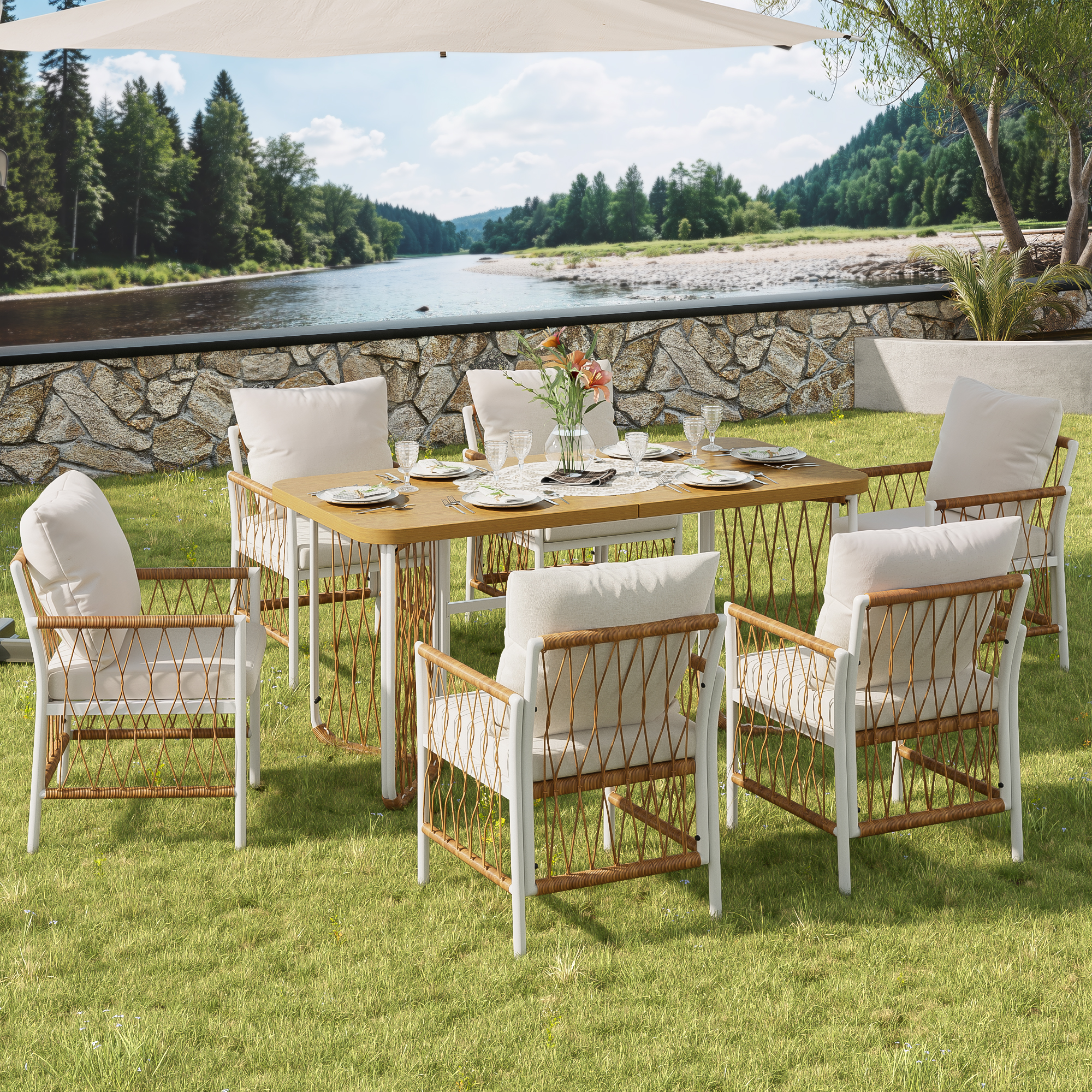 Cadre fer blanc + accoudoirs‑dossiers rotin, style vacances frais