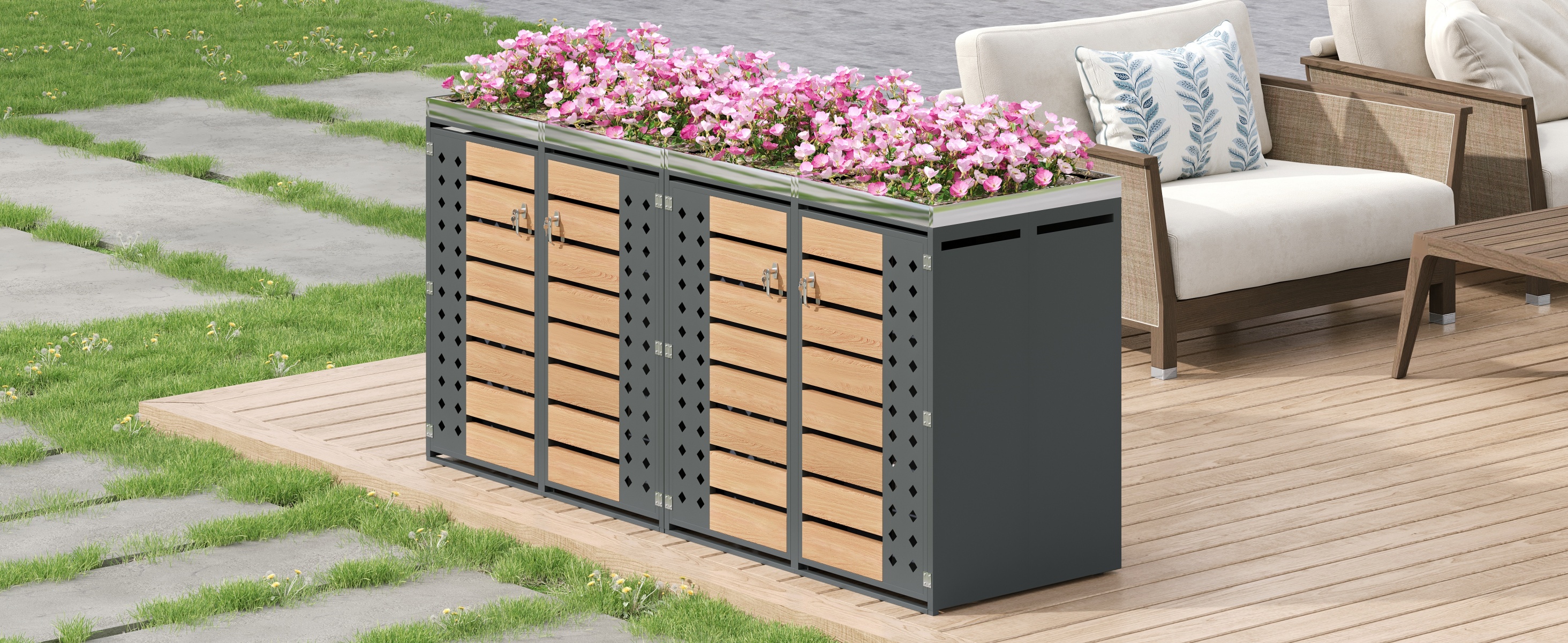 Quatre espaces indépendants pour poubelles standard, tri sélectif déchets