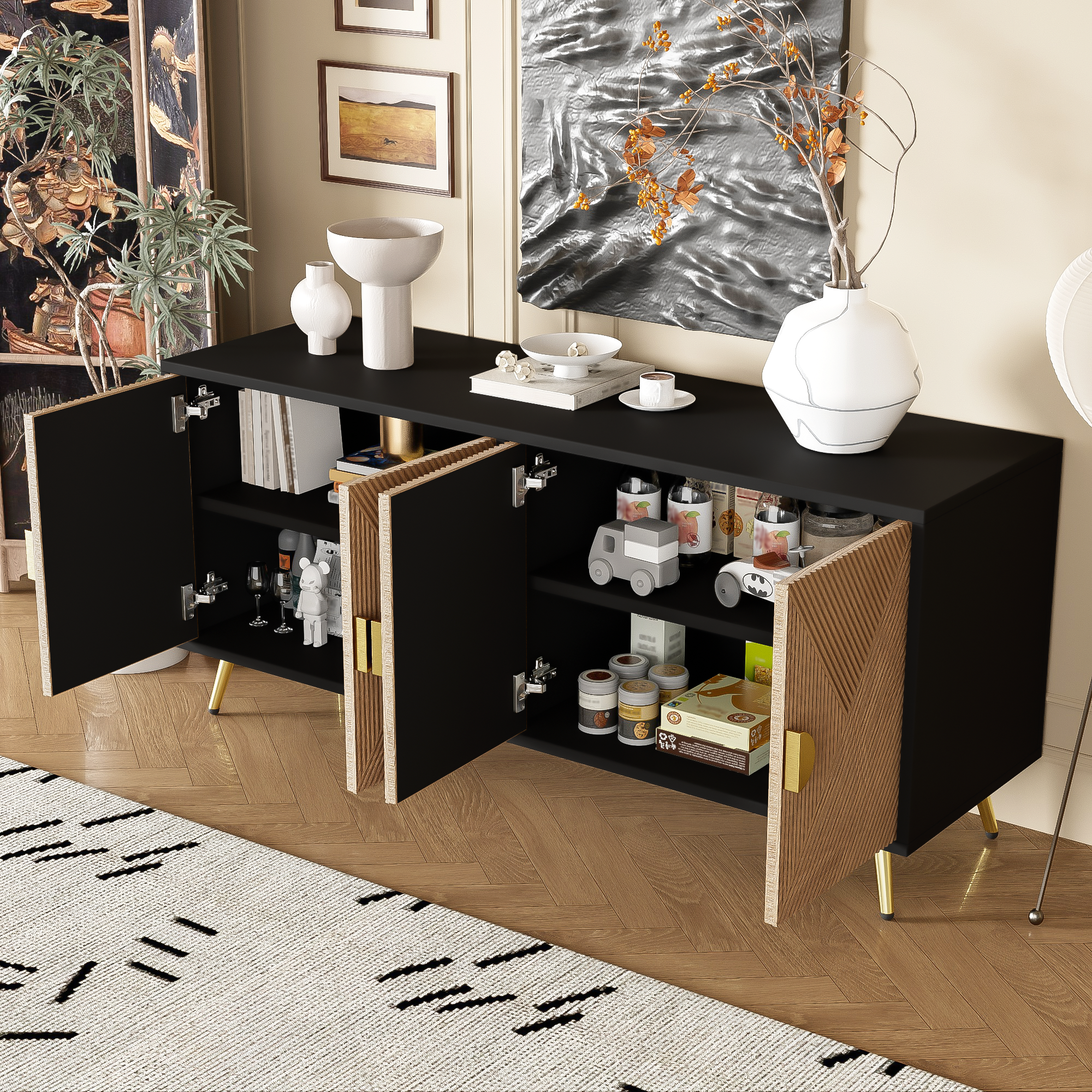 Buffet, 160 x 40 x 75 cm, panneaux de particules et MDF, noir - vue 5