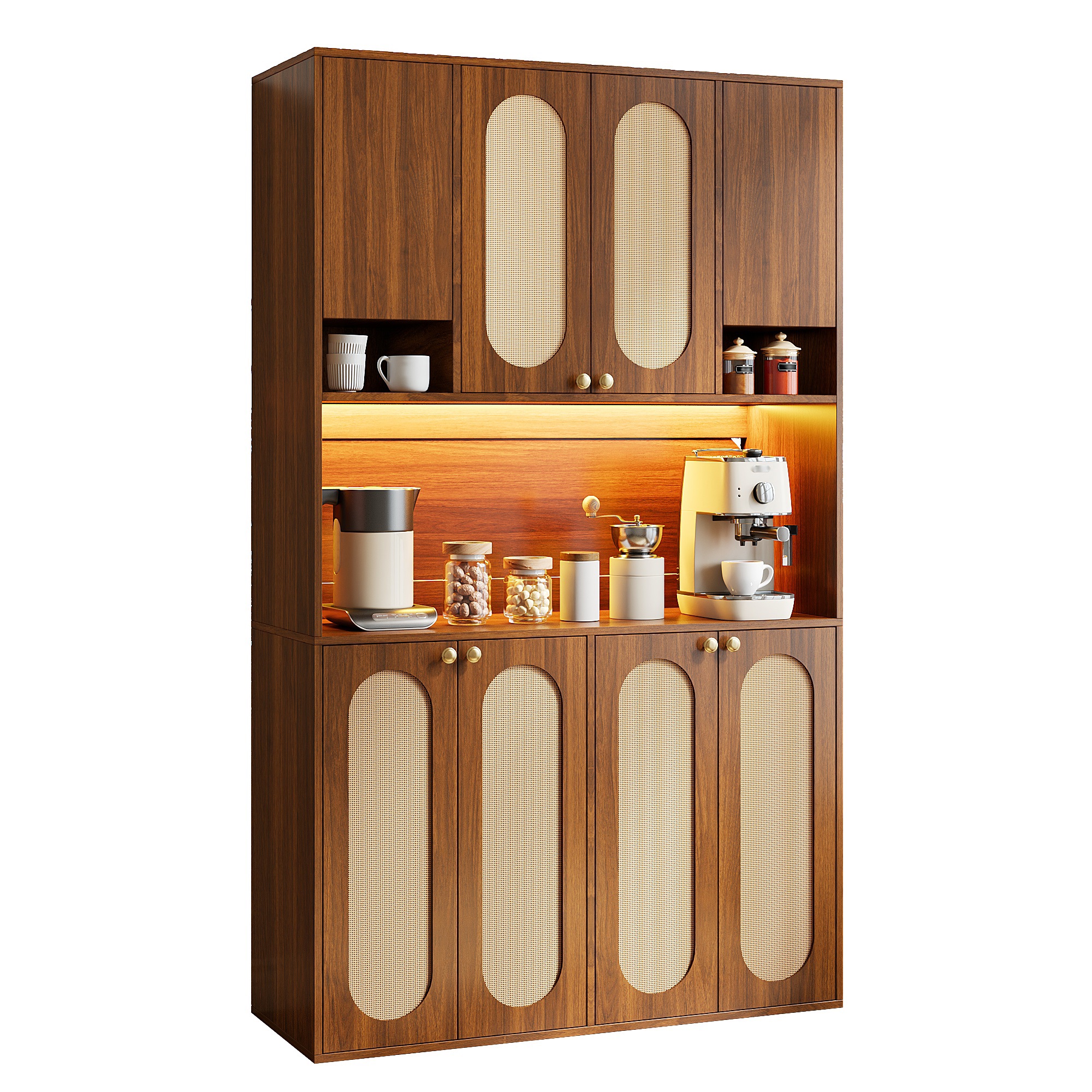 Buffet, éclairage led, prises et recharge intégrées, détails en rotin, 106 x 40 x 178 cm, rotin et MDF, bois naturel - vue 1