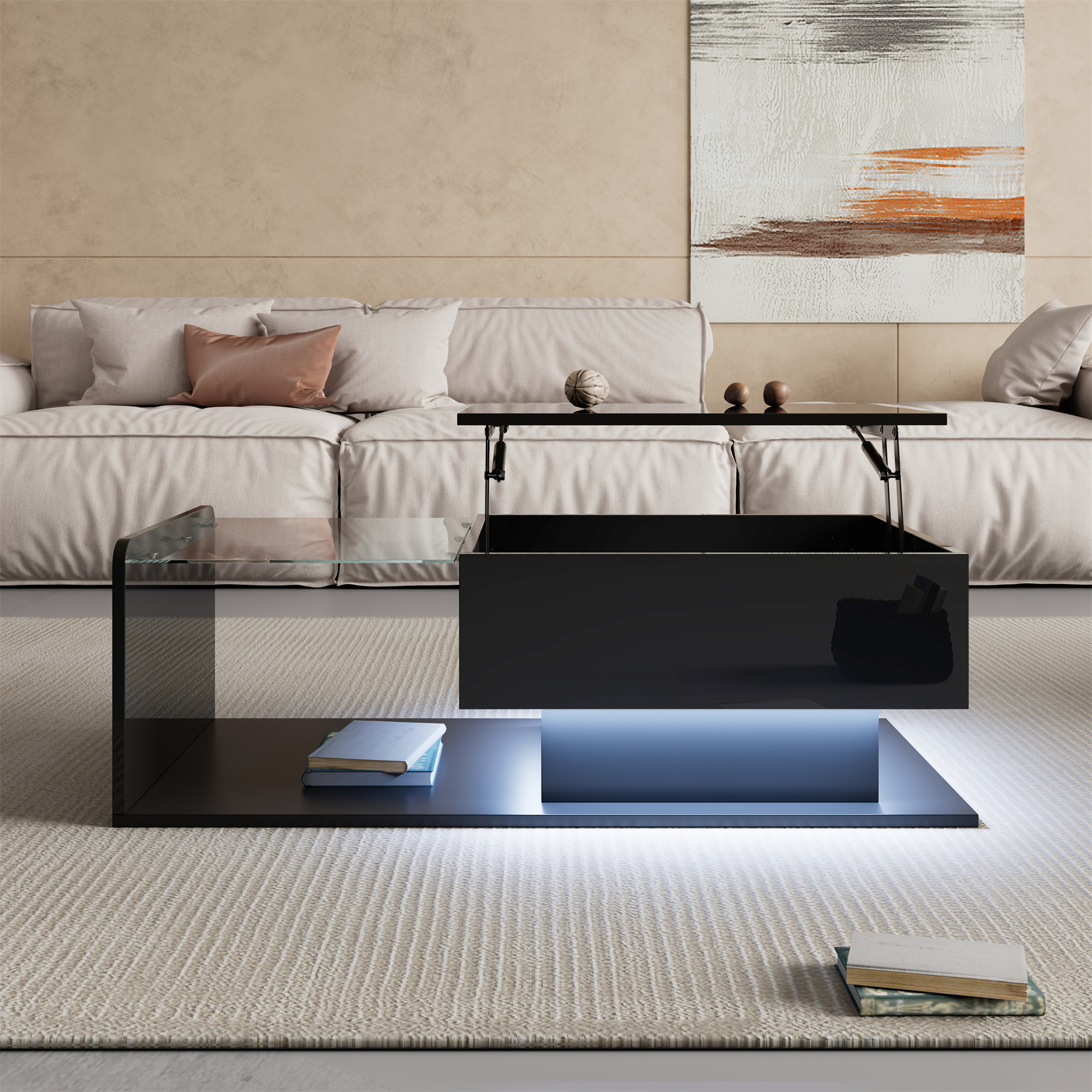 rangement combiné ouvert et caché sous plateau relevable
