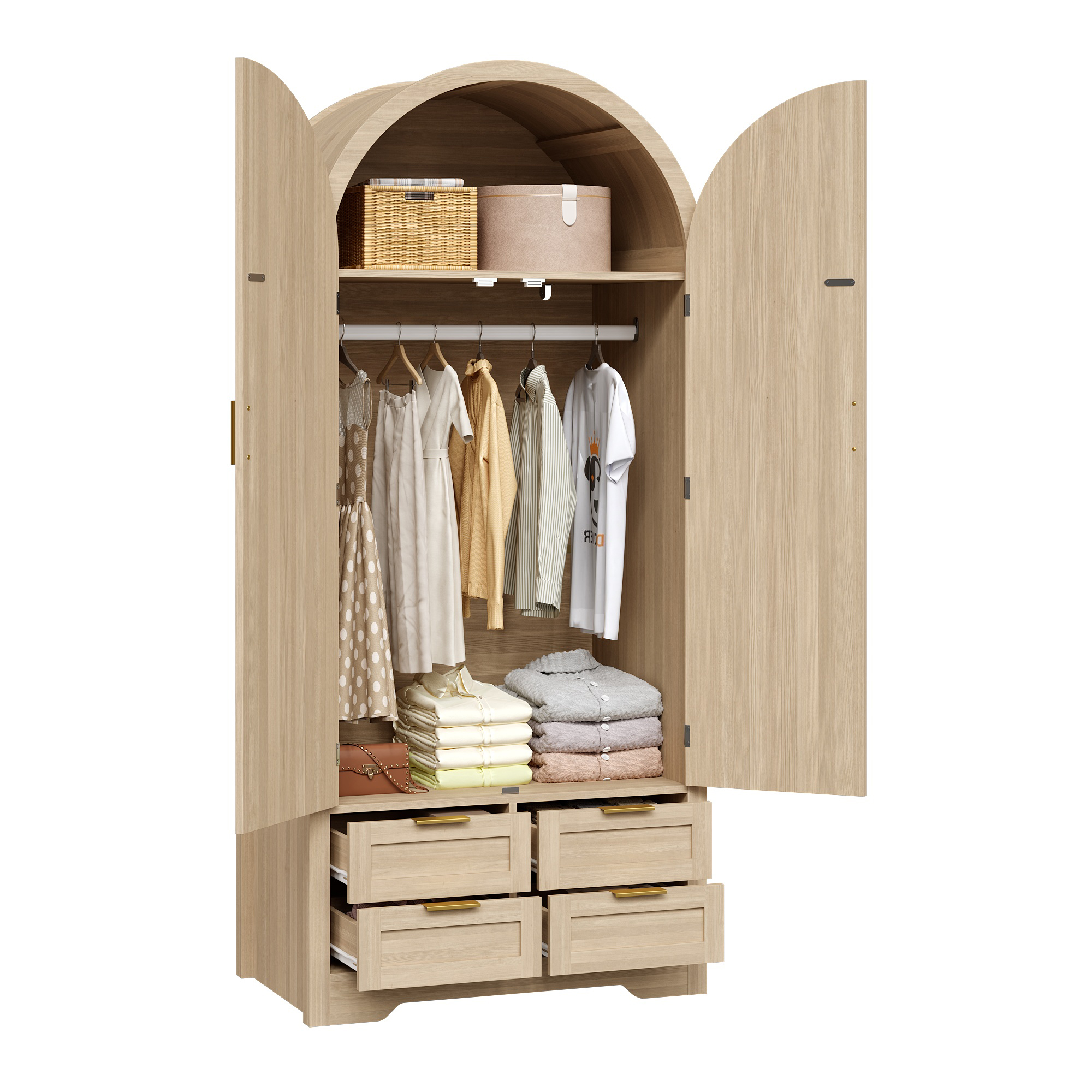 Armoire aspect chêne ouverte avec penderie