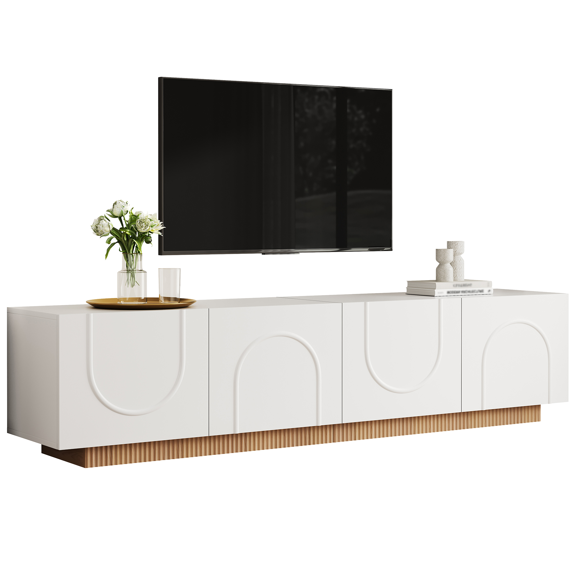 Meuble TV 170 cm, meuble bas de salon avec 4 portes, 4 compartiments, passe-câbles, façade en relief géométrique, panneaux de particules et MDF, Blanc