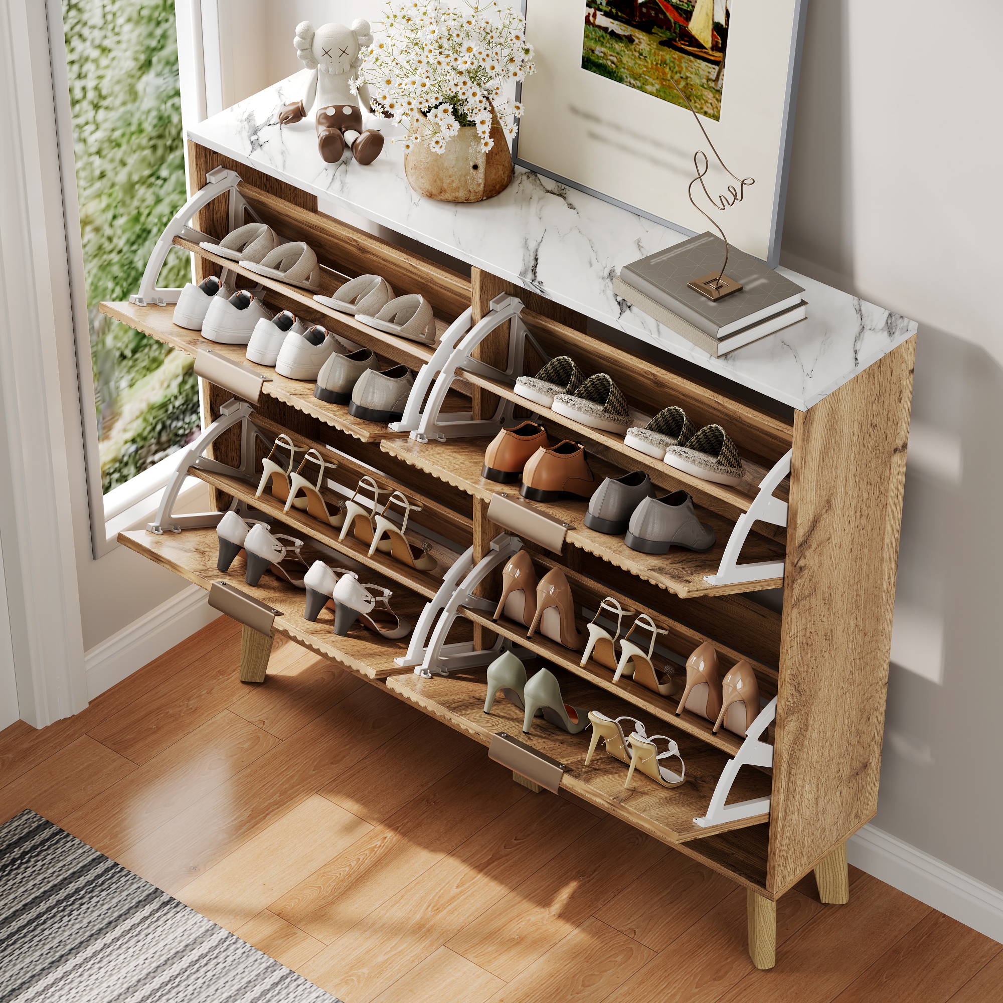 Meuble à chaussures 105 cm, meuble de rangement d’entrée avec 4 portes, finition effet marbre, MDF, Effet bois naturel