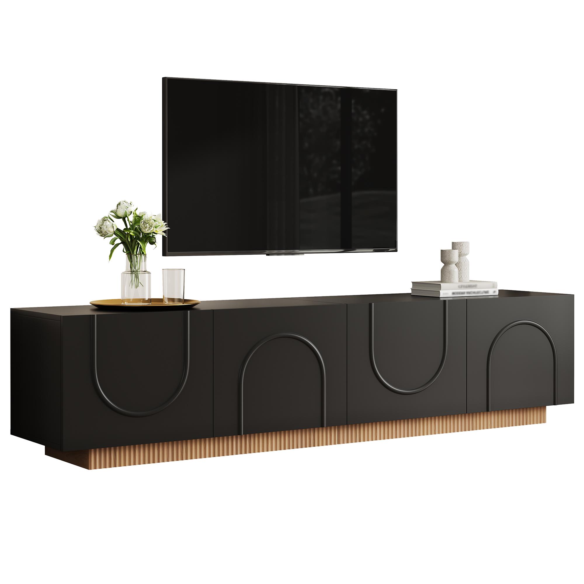 Meuble TV 170 cm, meuble bas de salon avec 4 portes, 4 compartiments, passe-câbles, façade en relief géométrique, panneaux de particules et MDF, Noir