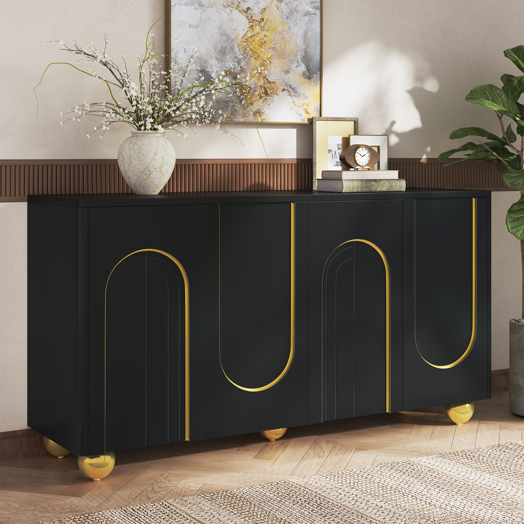 Buffet, 140 x 40 x 74 cm, panneaux de particules et métal, noir - vue 5