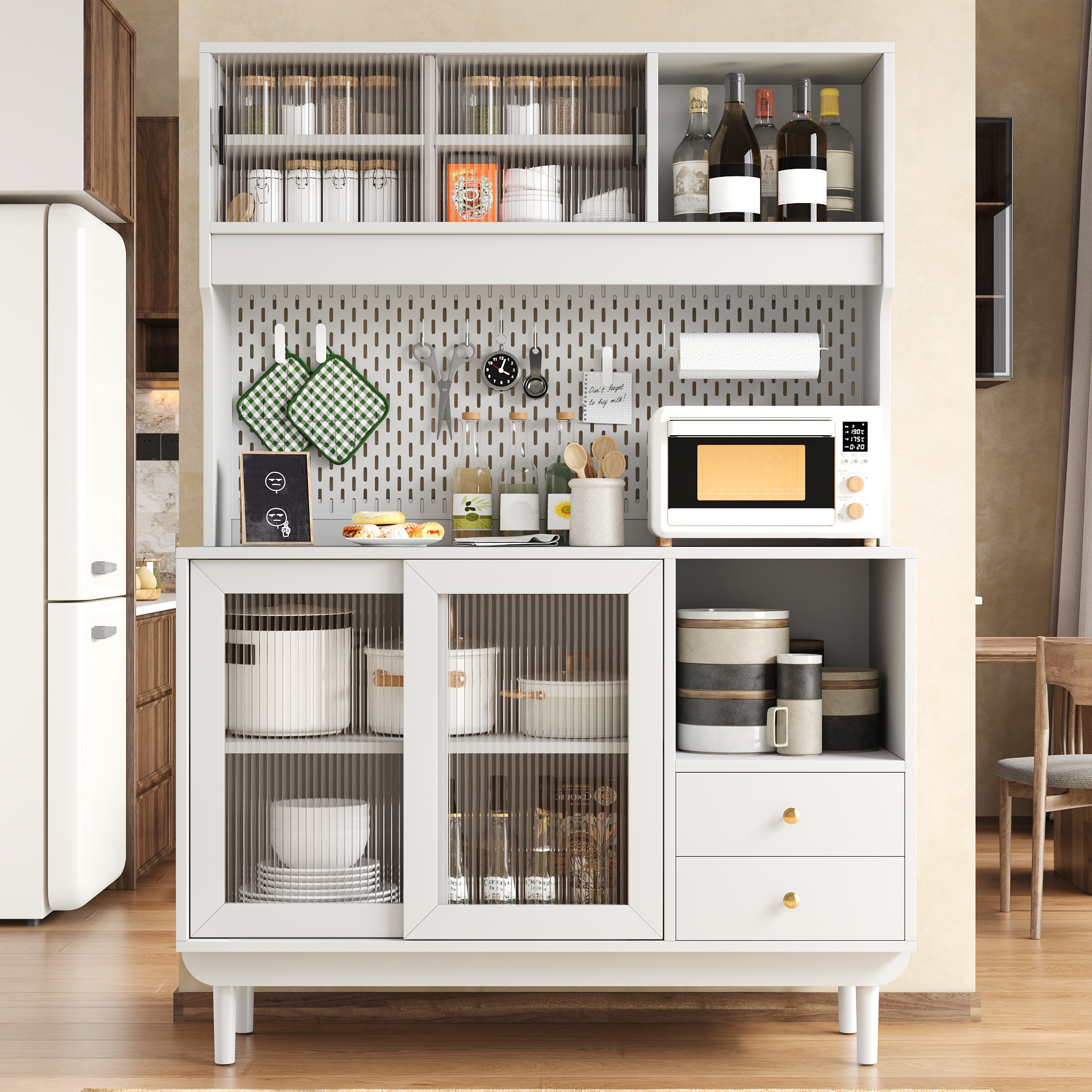 Buffet de cuisine 117 x 30 x 170 cm, 2 portes, 6 tiroirs, portes coulissantes, MDF et panneaux de particules, Blanc - vue principale