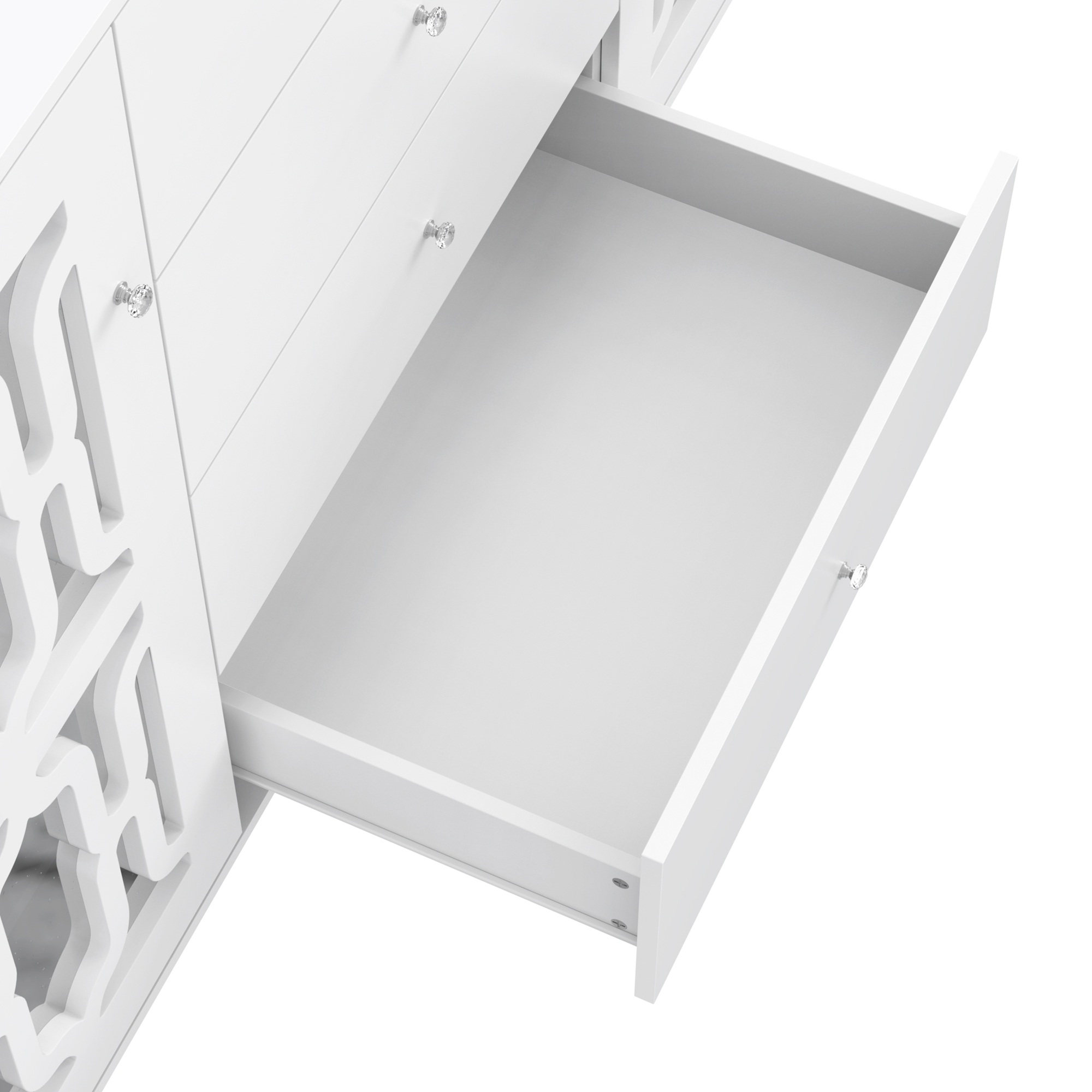Buffet blanc avec surface miroir, poignée verre cristal, 2 portes + 4 tiroirs, pieds bois massif, dimensions 147.5×40×102 cm, pour salon et entrée, design luxueux, beaucoup de rangement, style élégant - image 7