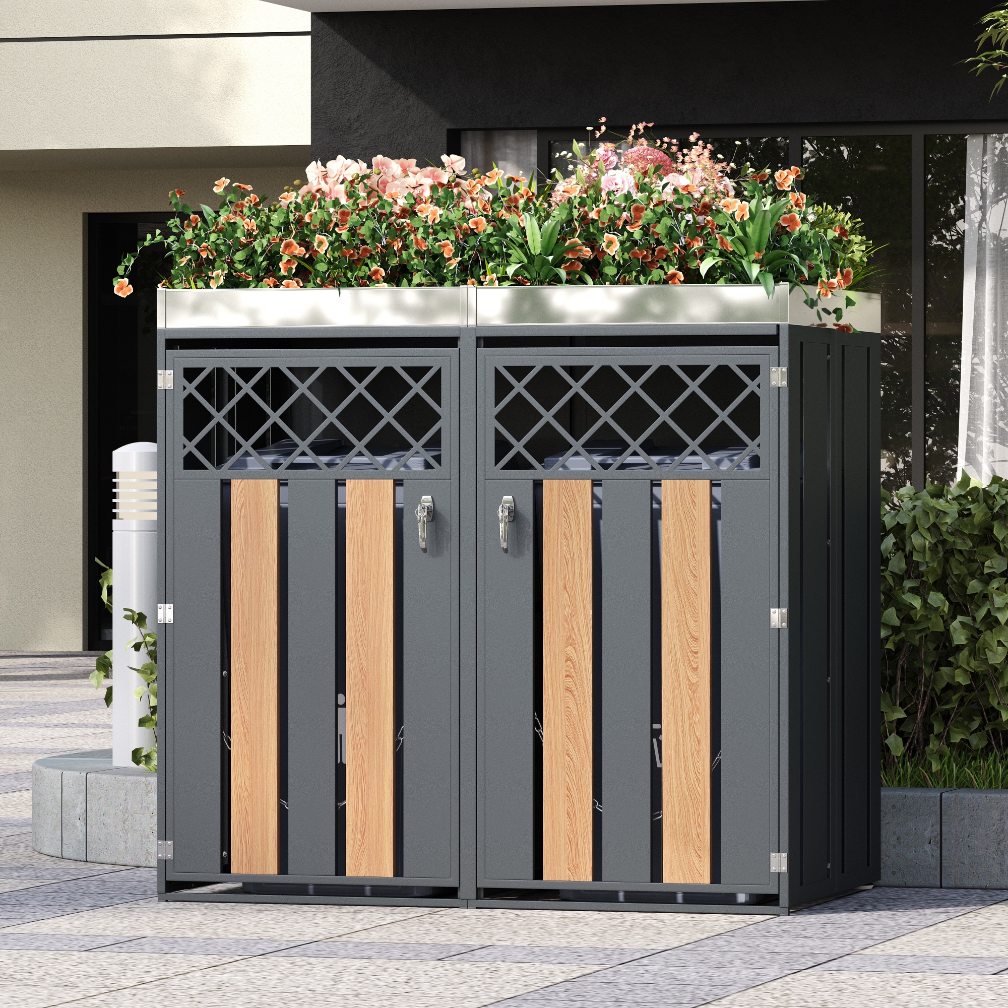 Armoire combinée bac‑plantation cache‑poubelle vue générale