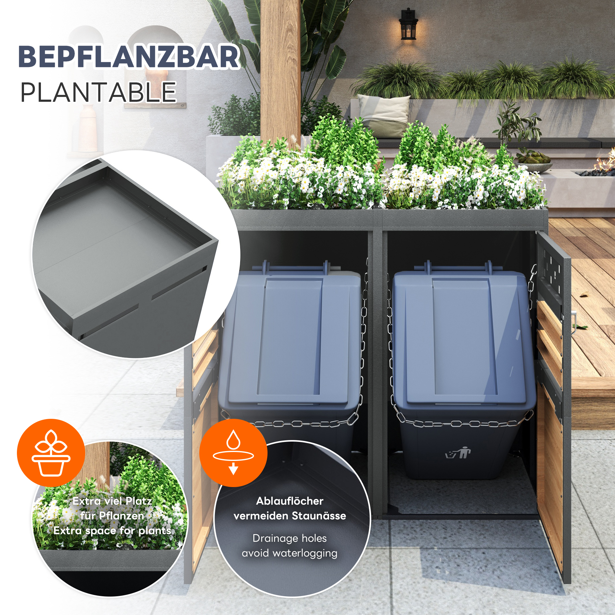 Fentes de ventilation sur la porte, dissimule poubelles 120‑240 L