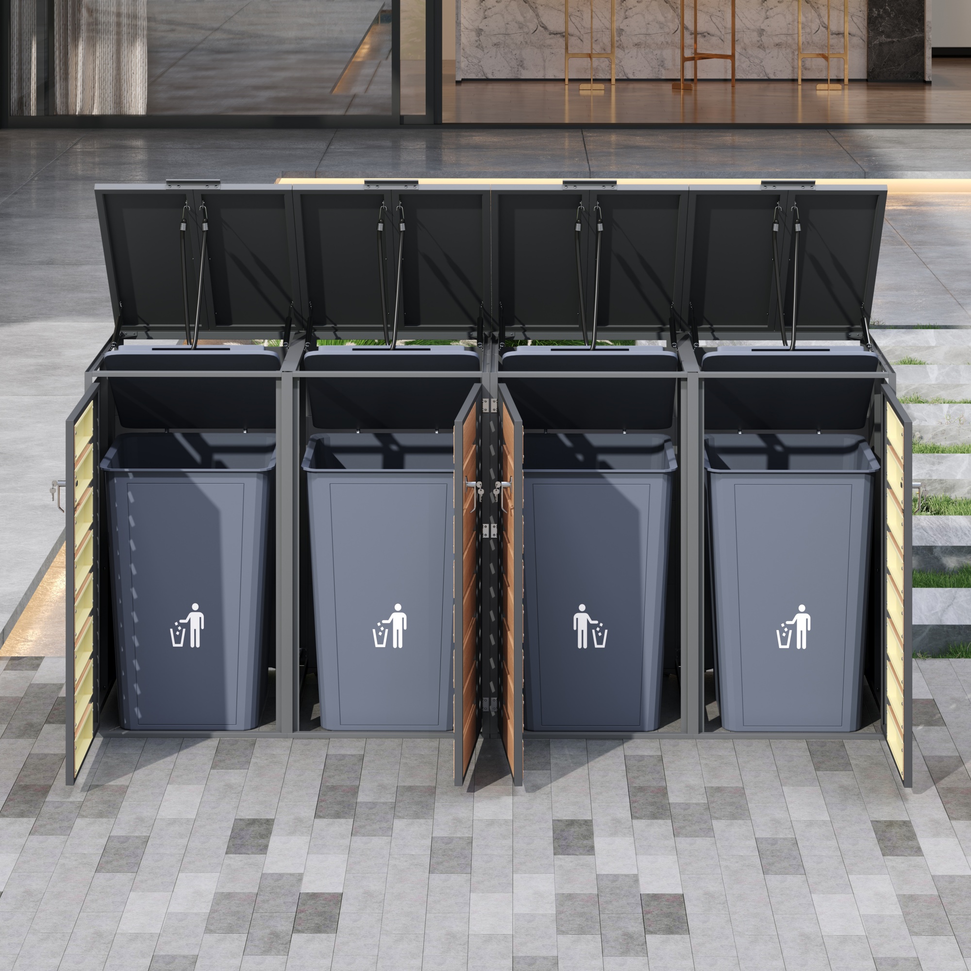 4 compartiments indépendants pour plusieurs poubelles standard, tri des déchets